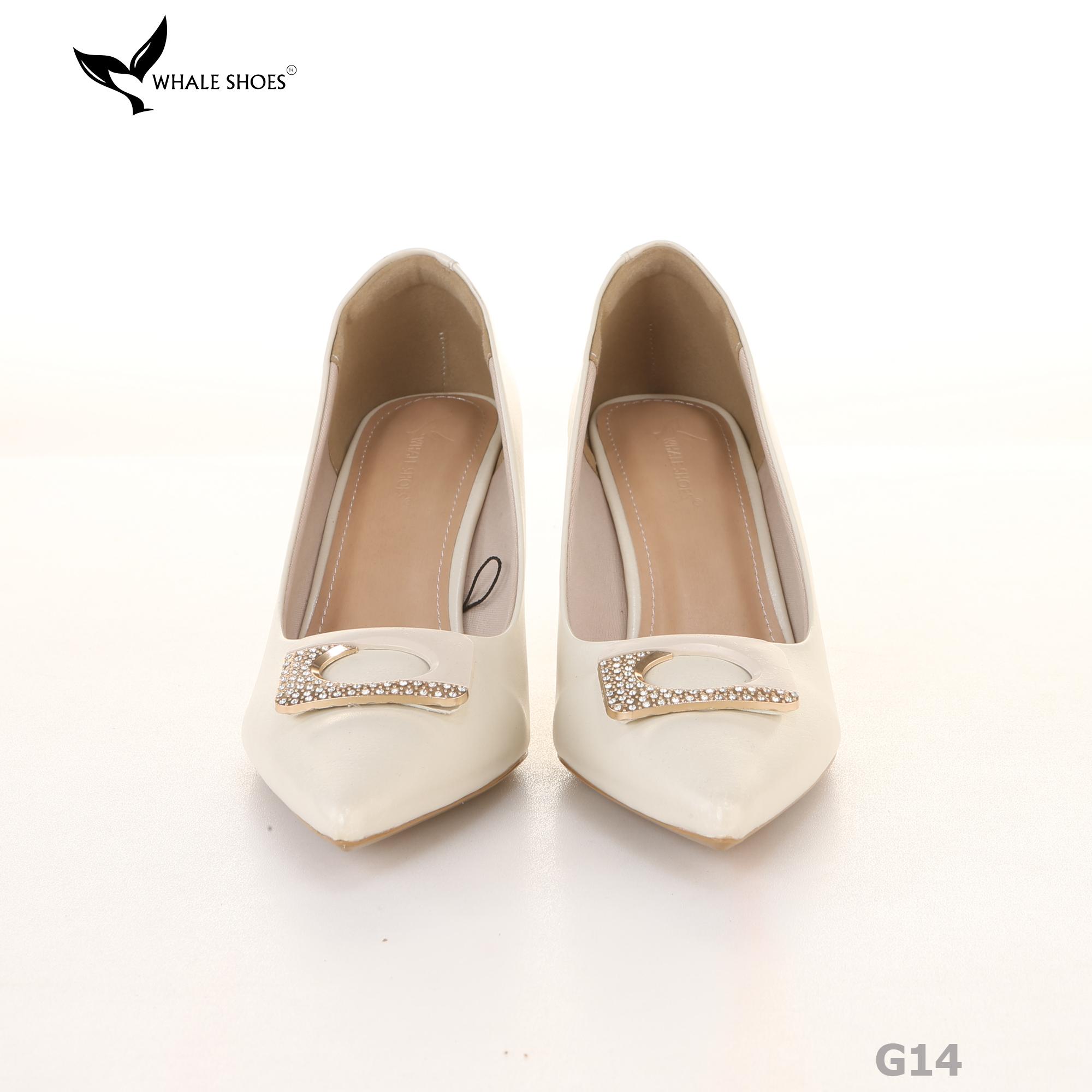(Giảm size) Giày cao gót Whale Shoes 8cm, bít mũi, da mờ, đính khóa, lót êm, đế chống trượt-G14