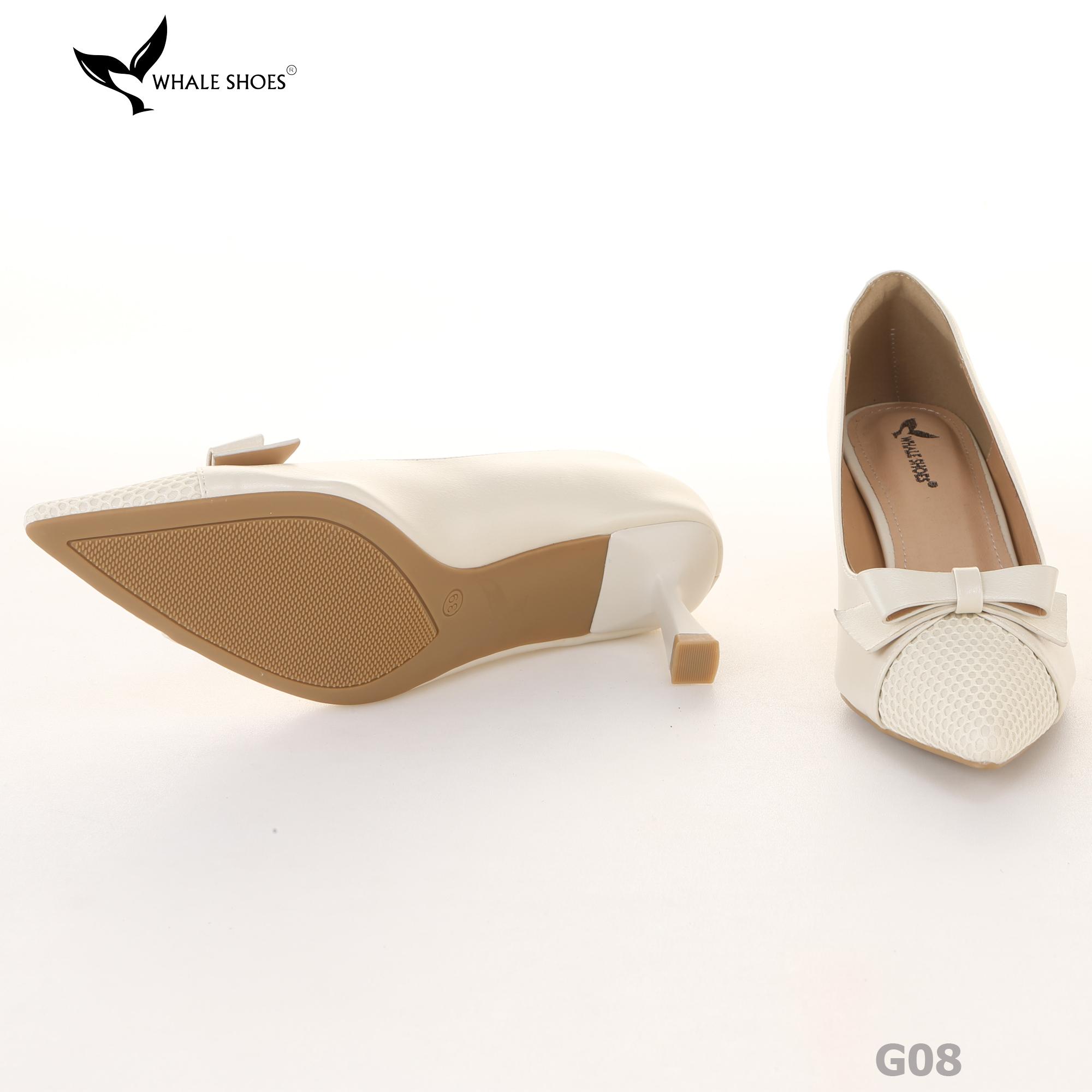 Giày cao gót bít mũi Whale Shoes 6cm, họa tiết lưới nơ, da mờ, lót êm, đế chống trượt-G08