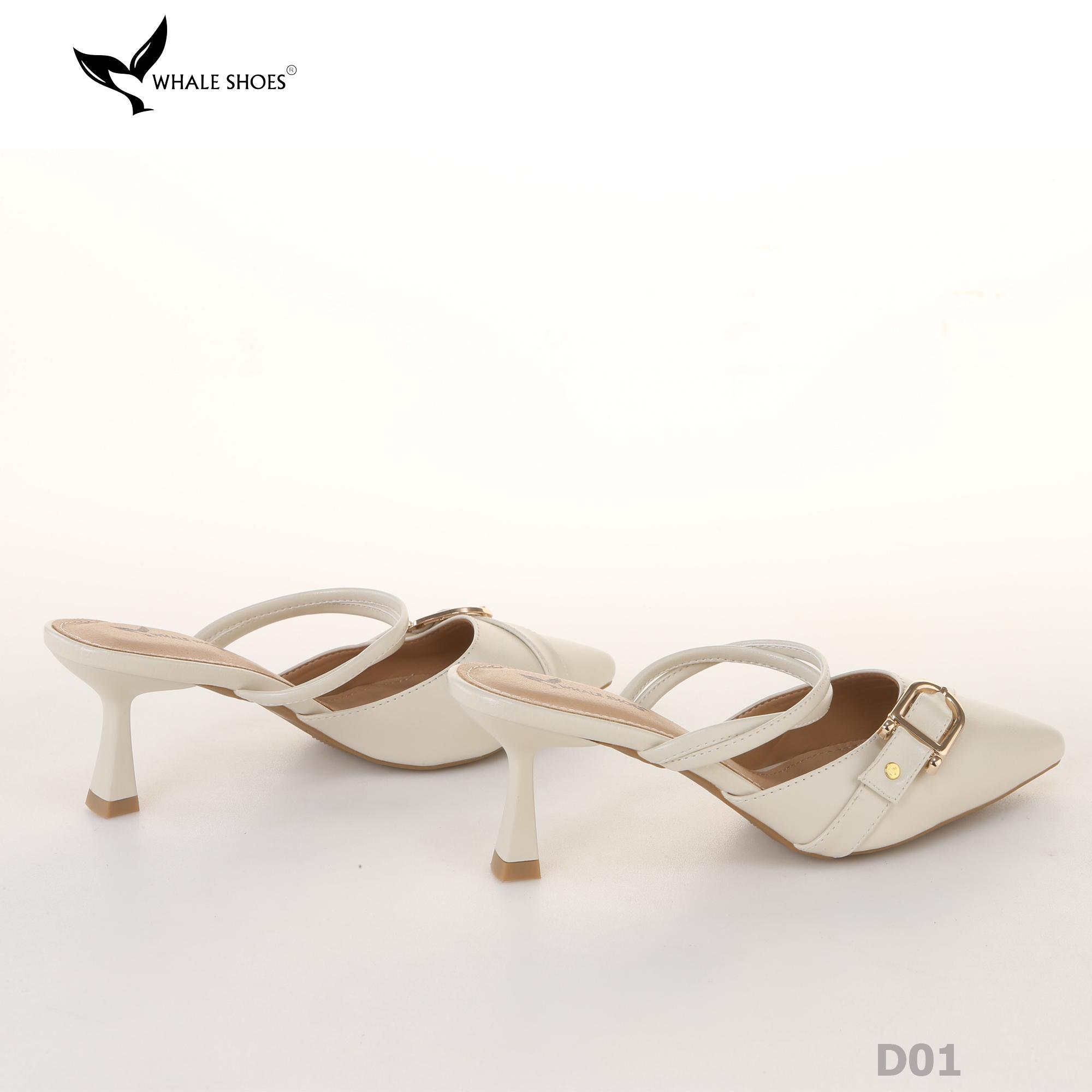 Sục cao gót nữ  Whale Shoes 7cm mũi nhọn, đính khóa, êm chân, đế chống trượt-D01