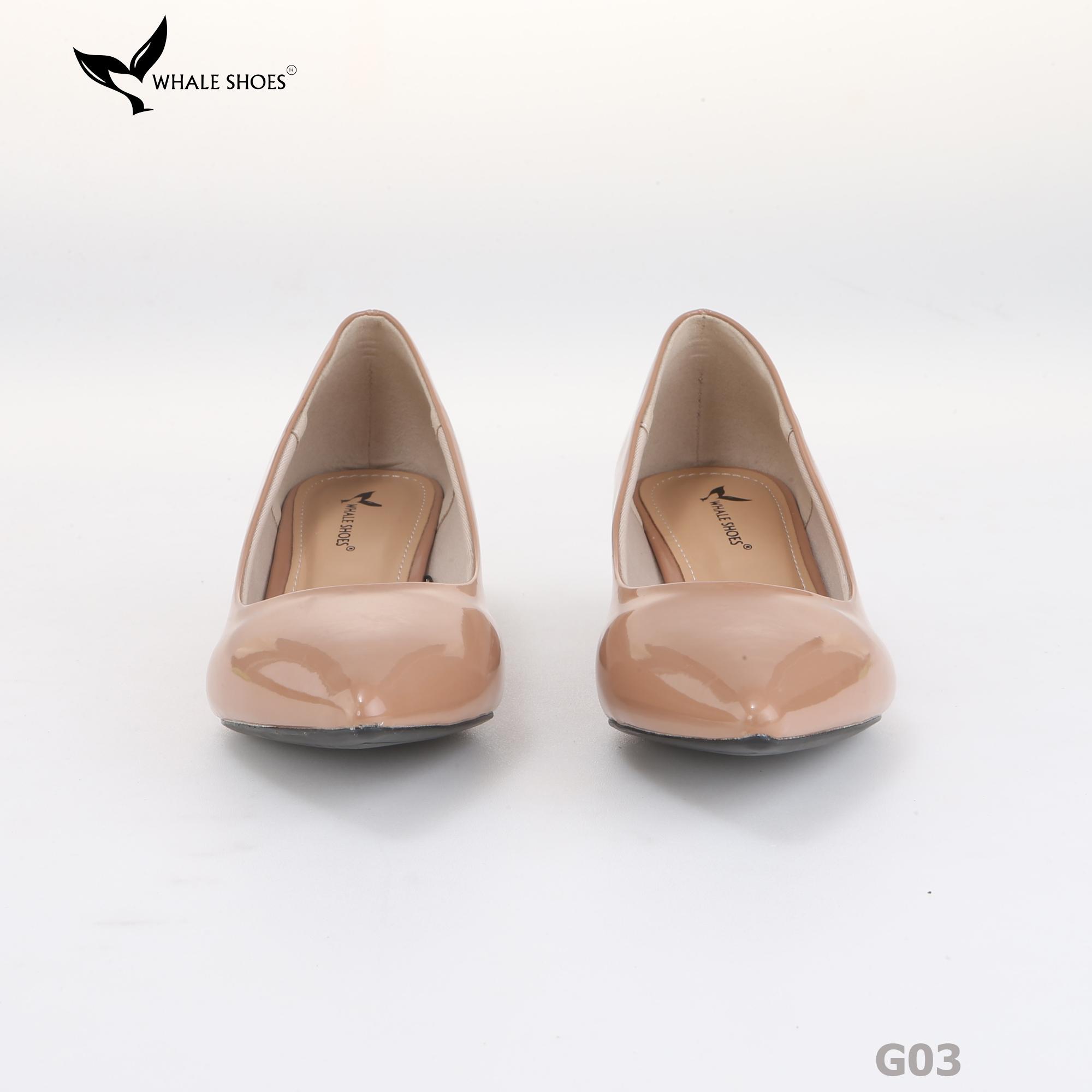 Giày cao gót nữ Whale Shoes 4cm da bóng, gót vuông mica viền vàng mũi nhọn-G03