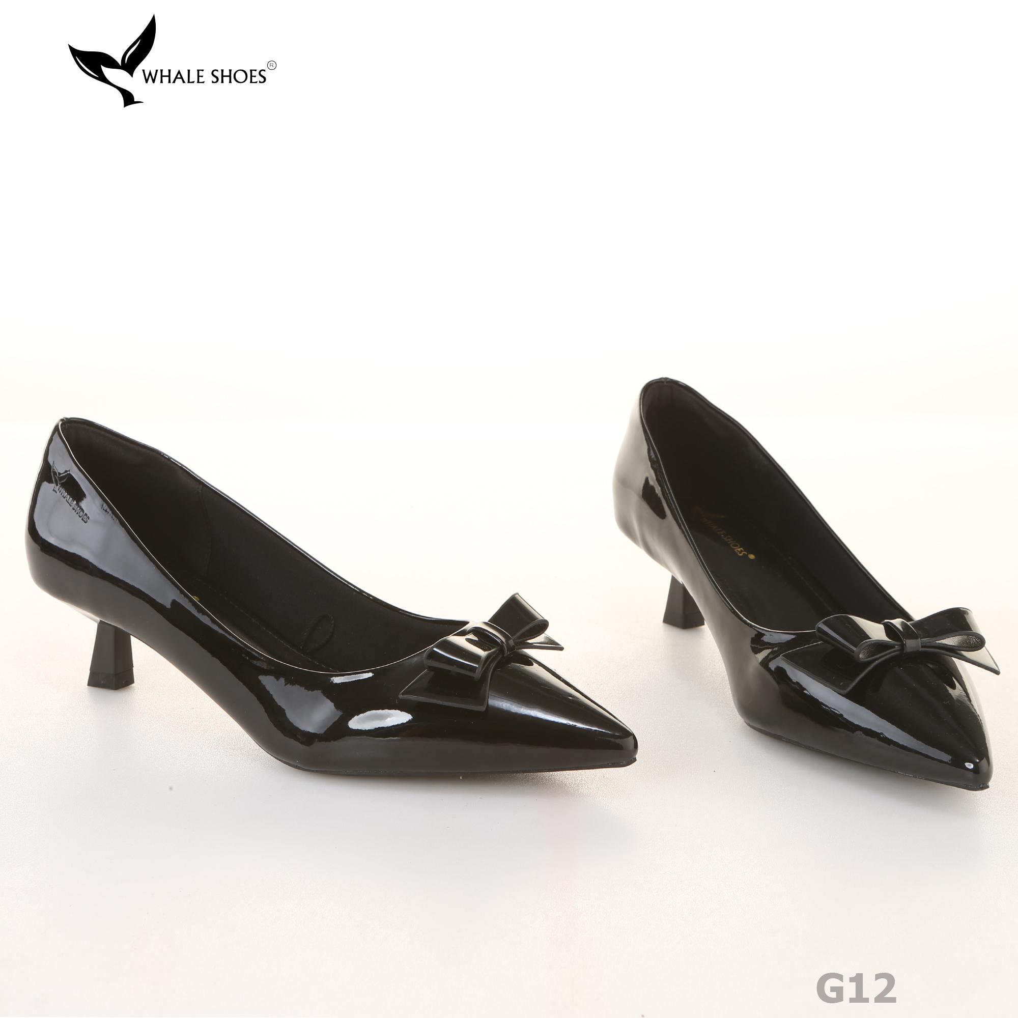 Giày Cao Gót Whale Shoes 4cm, da bóng và da mờ, mũi nhọn đính nơ, lót êm, đế chống trượt-G12