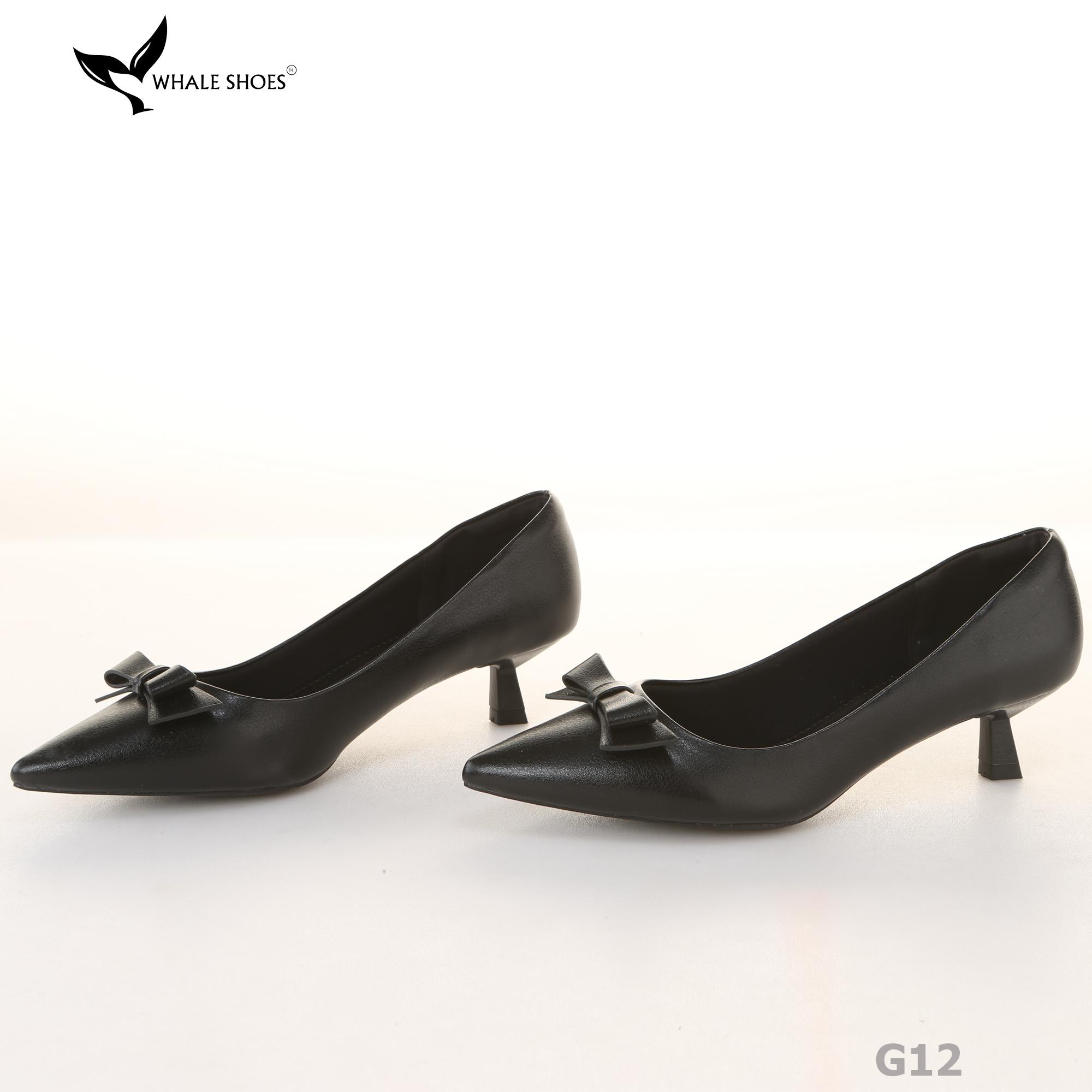 Giày Cao Gót Whale Shoes 4cm, da bóng và da mờ, mũi nhọn đính nơ, lót êm, đế chống trượt-G12