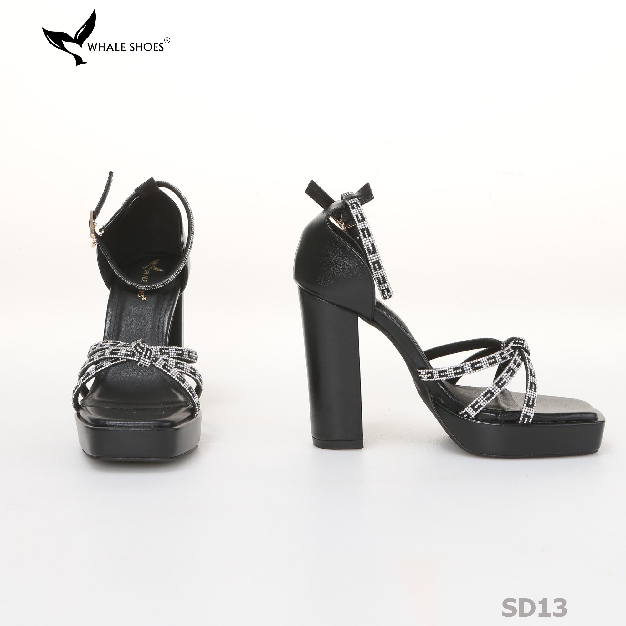 Giày Sandal nữ  Whale Shoes 10cm mũi vuông da mờ đúp mũi 3cm, dây đá, gót trụ, đế chống trượt-SD13