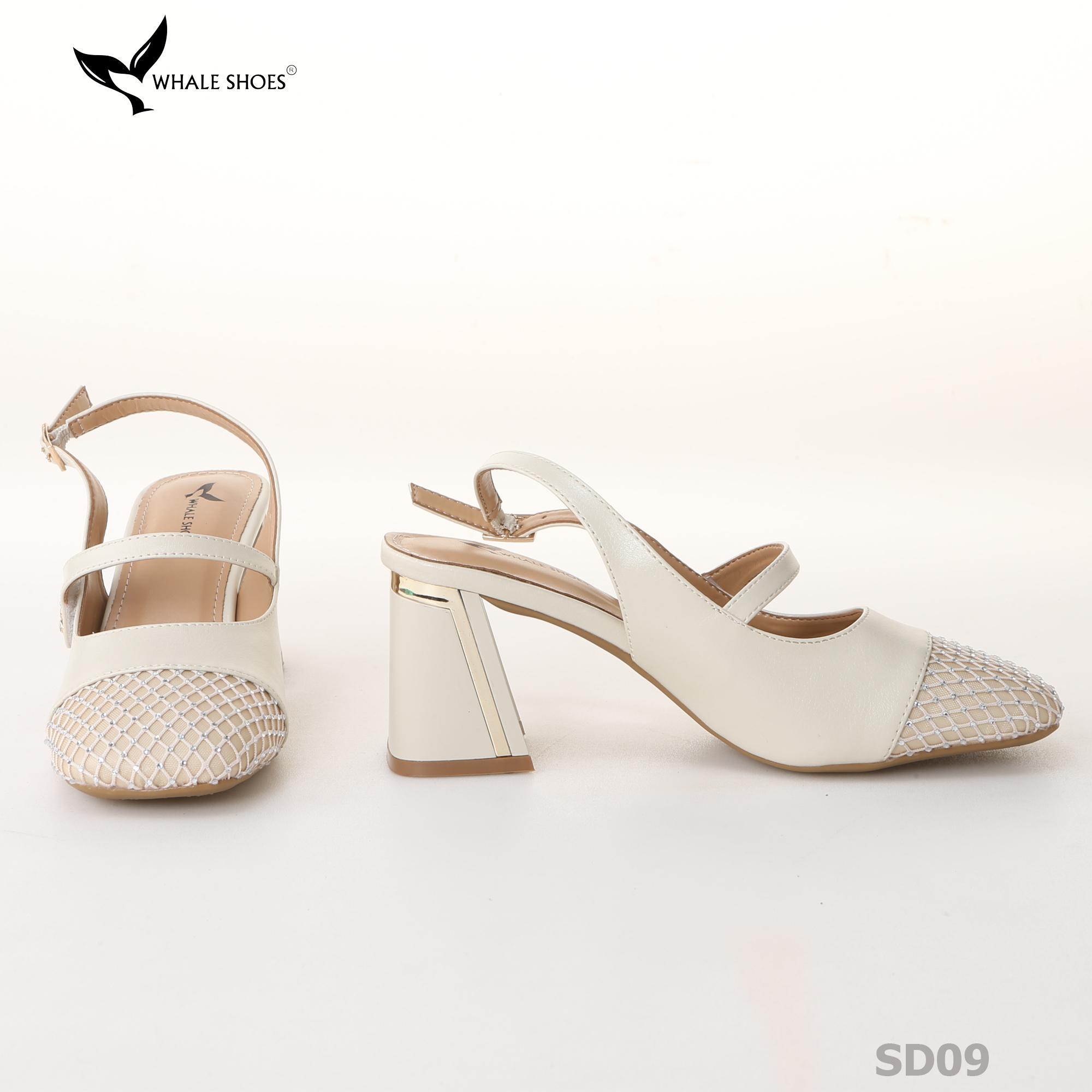 Giày cao gót nữ mũi vuông Whale Shoes 7cm, 6cm, phối lưới đính đá, gót vuông mạ vàng, đế chống trượt-SD09