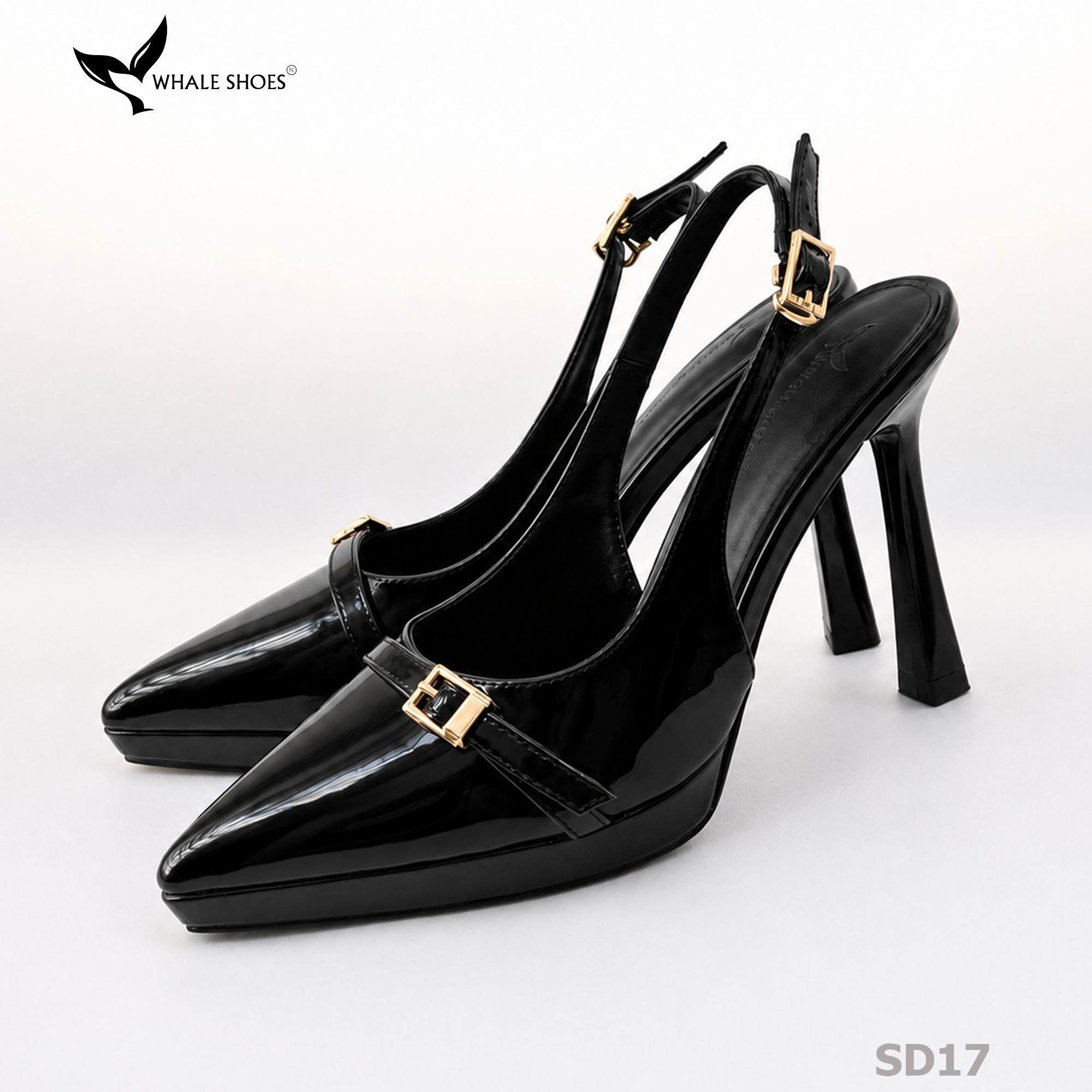 Giày Slingback Whale Shoes gót 10cm đúp mũi 1cm, khóa cài trang trí vàng Gold, đế chống trượt-SD17