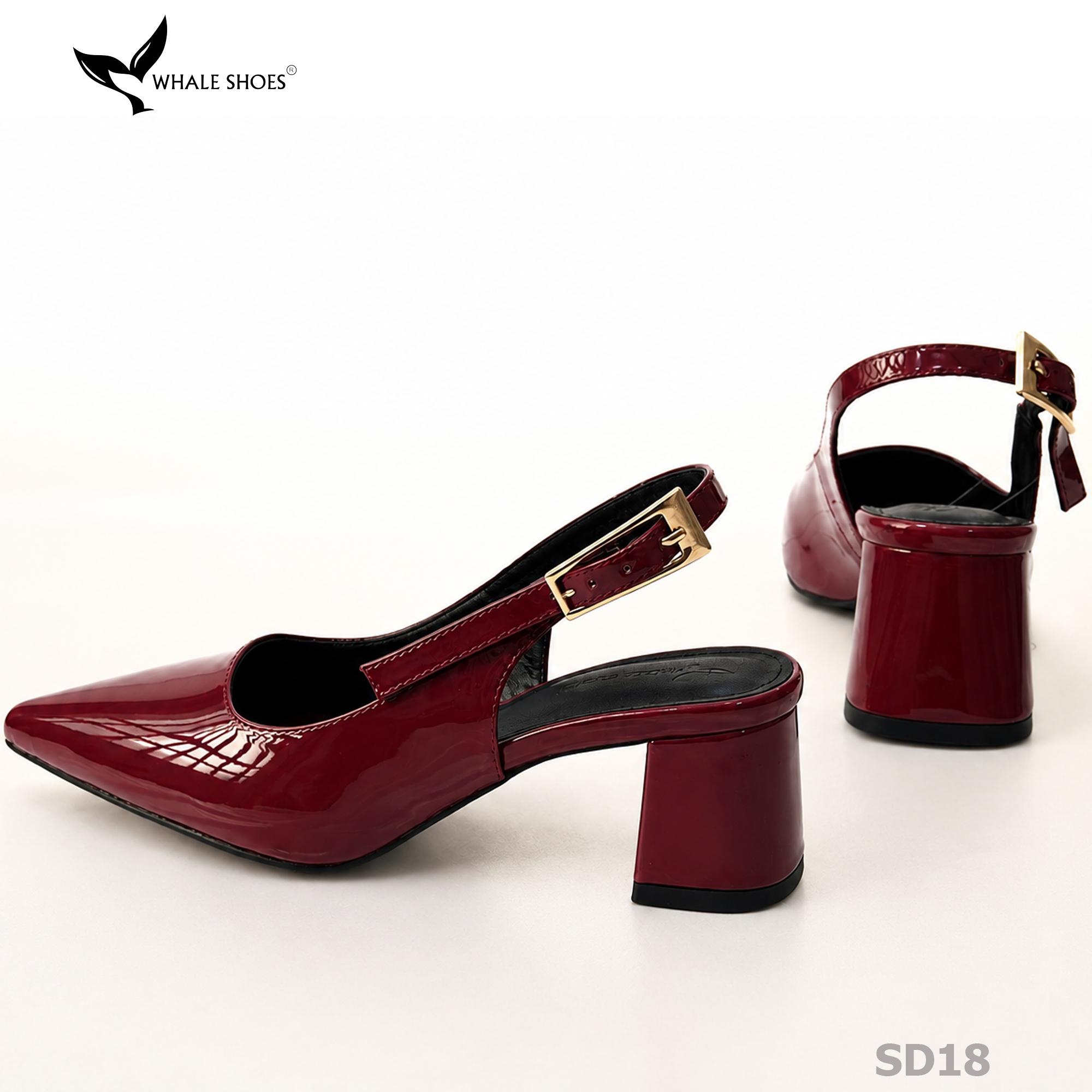 Giày Slingback Whale Shoes 5cm mũi nhọn, gót vuông bọc da, khóa cài hông-SD18