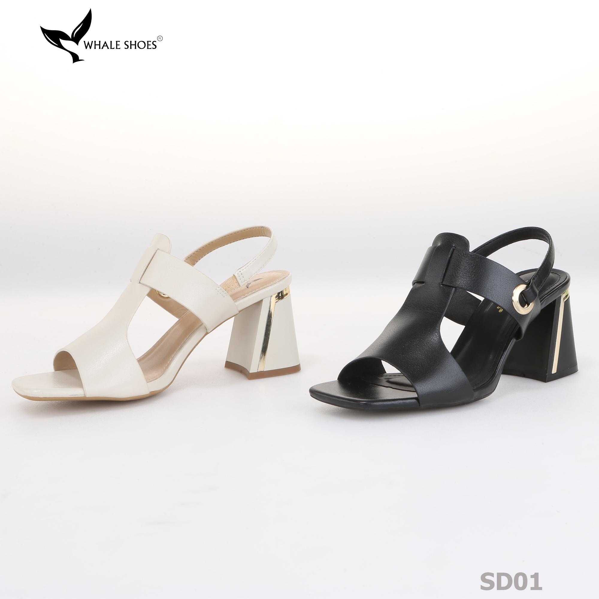 Giày Sandal nữ Whale Shoes 7cm, mũi vuông 7cm sơn vân da, viền mạ vàng, đế chống trượt-SD01