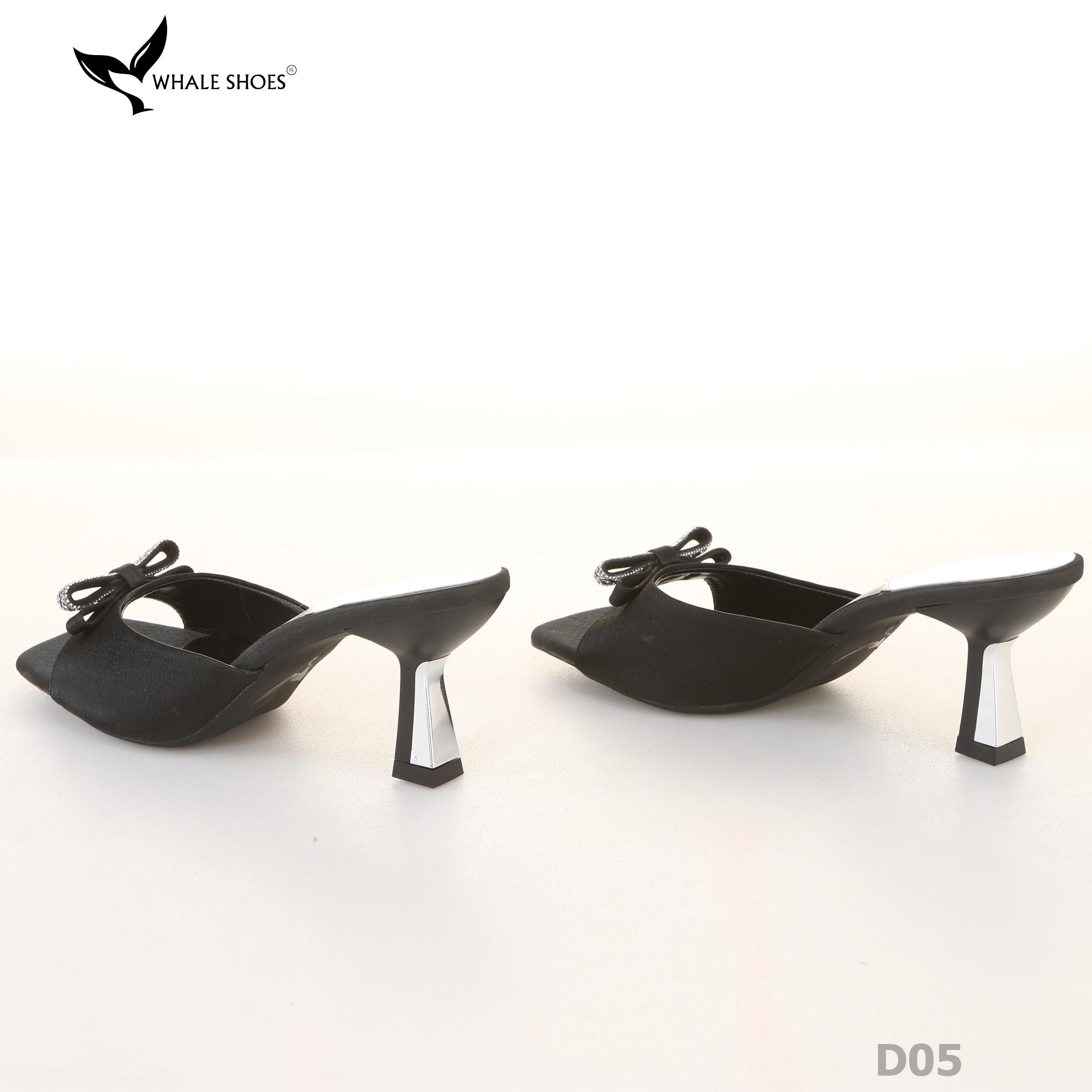 Dép (guốc) nữ Whale Shoes 6cm (tăng size) mũi vuông vân da dưa lưới, nơ đính đá, đế chống trượt-D05