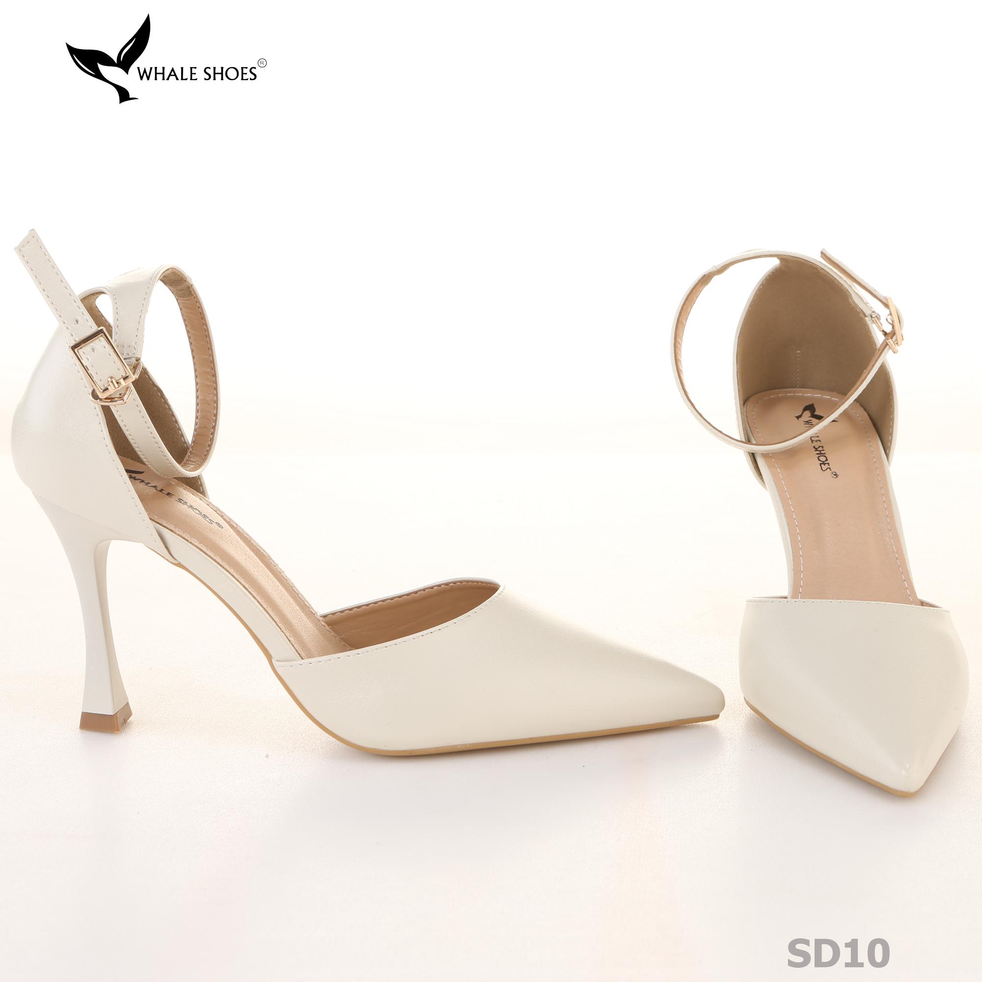 Giày cao gót nữ Whale Shoes mũi nhọn 9cm có dây quai hậu, da mềm êm chân, đế chống trơn trượt-SD10
