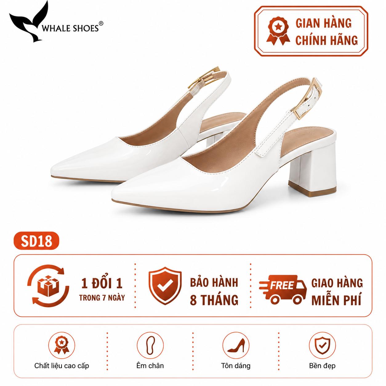Giày Slingback Whale Shoes 5cm mũi nhọn, gót vuông bọc da, khóa cài hông-SD18