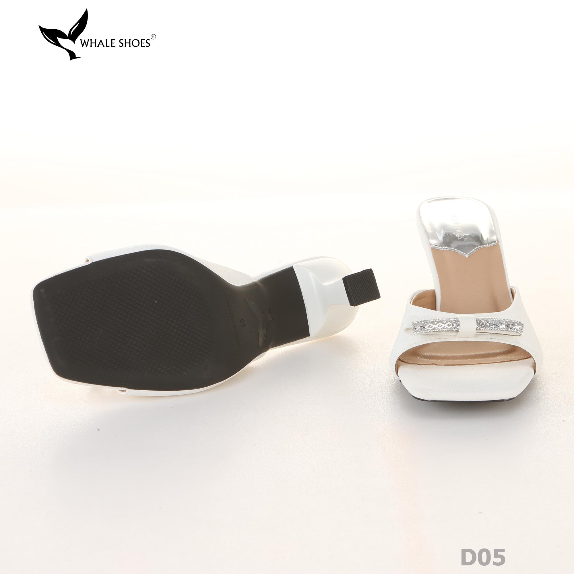 Dép (guốc) nữ Whale Shoes 6cm (tăng size) mũi vuông vân da dưa lưới, nơ đính đá, đế chống trượt-D05
