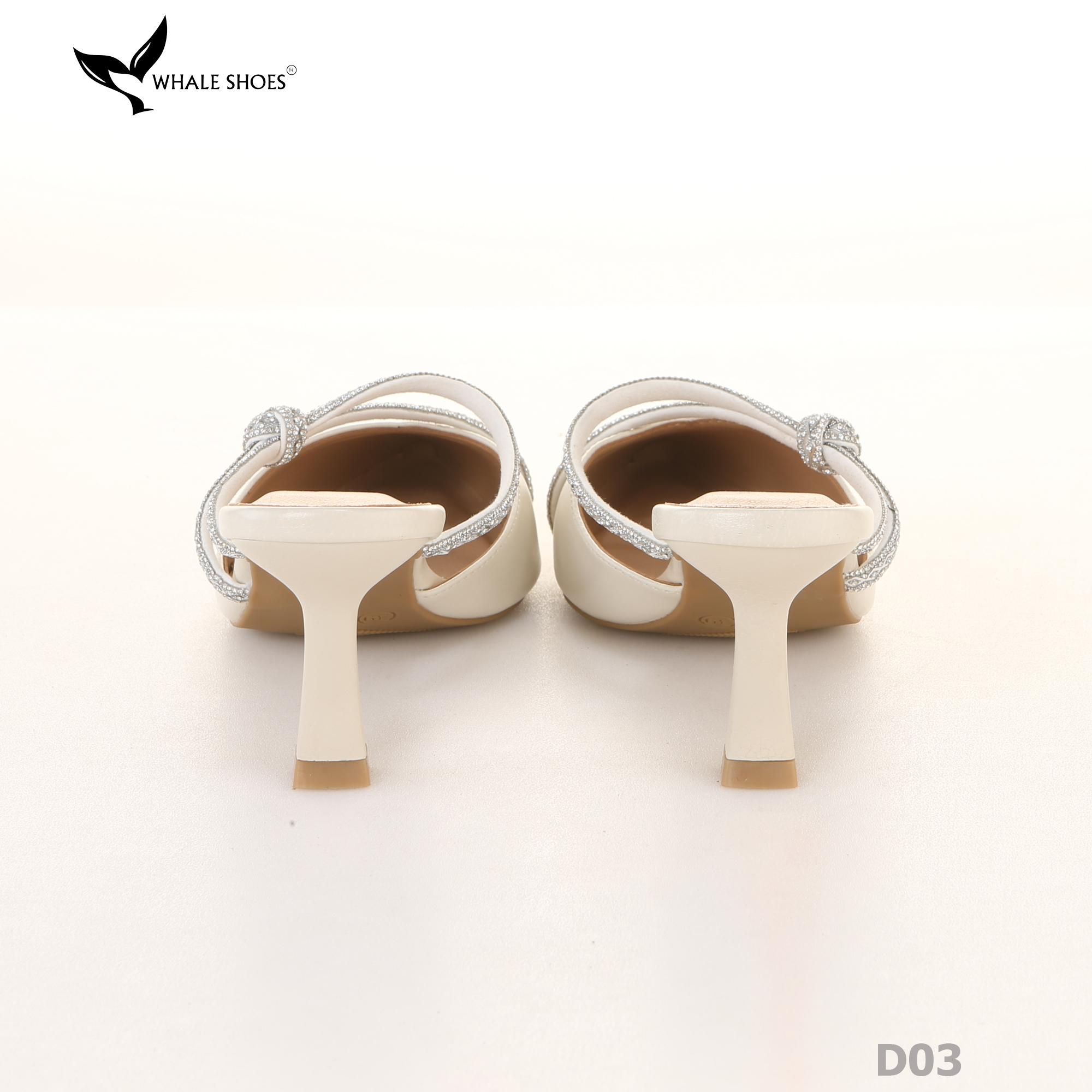 Sục cao gót nữ Whale Shoes (tăng size) 7cm mũi nhọn, cổ tim, dây đính đá, đế chống trượt-D03