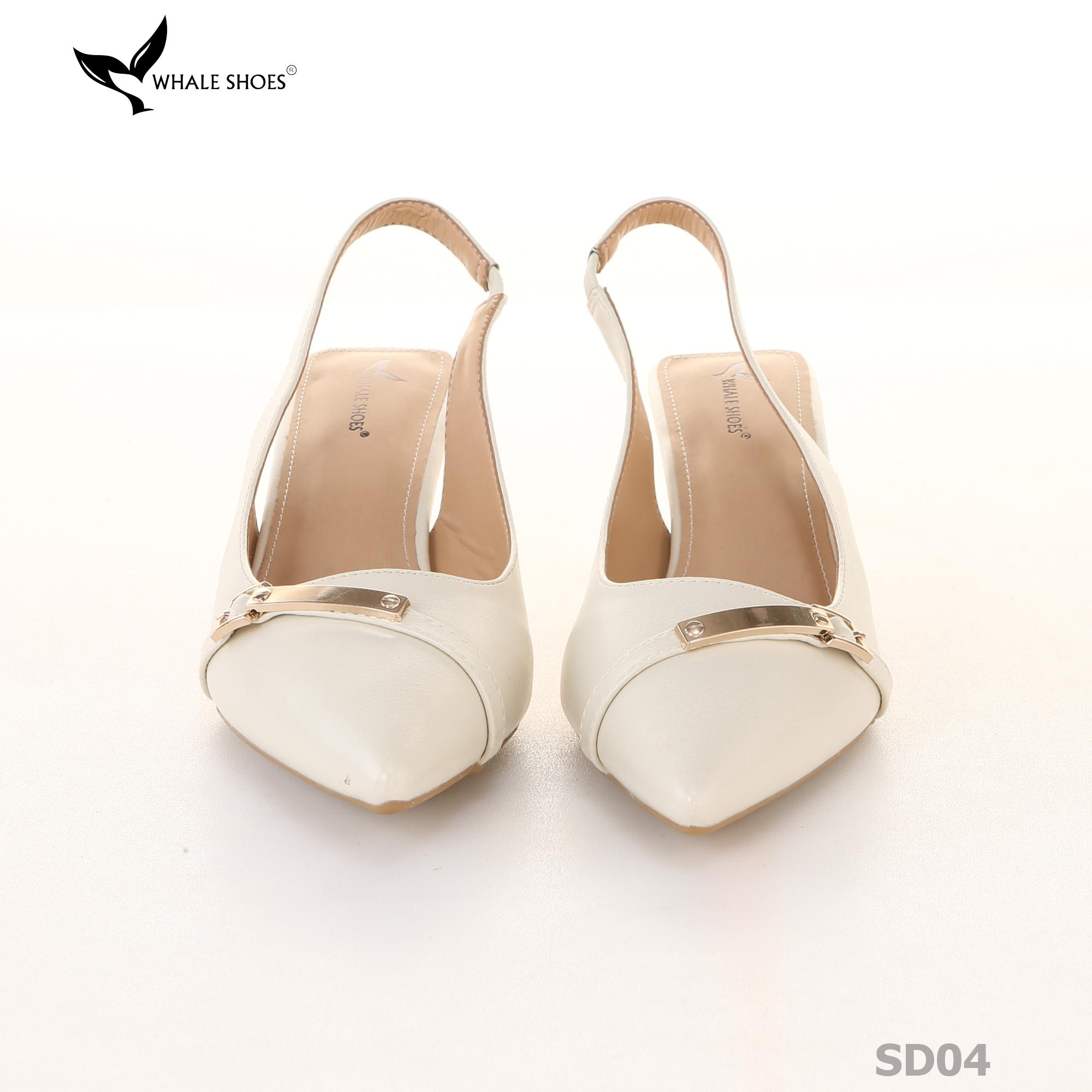 Giày Slingback Whale Shoes 5cm mũi nhọn, hậu vuông da mờ, đính khoá mạ vàng-SD04