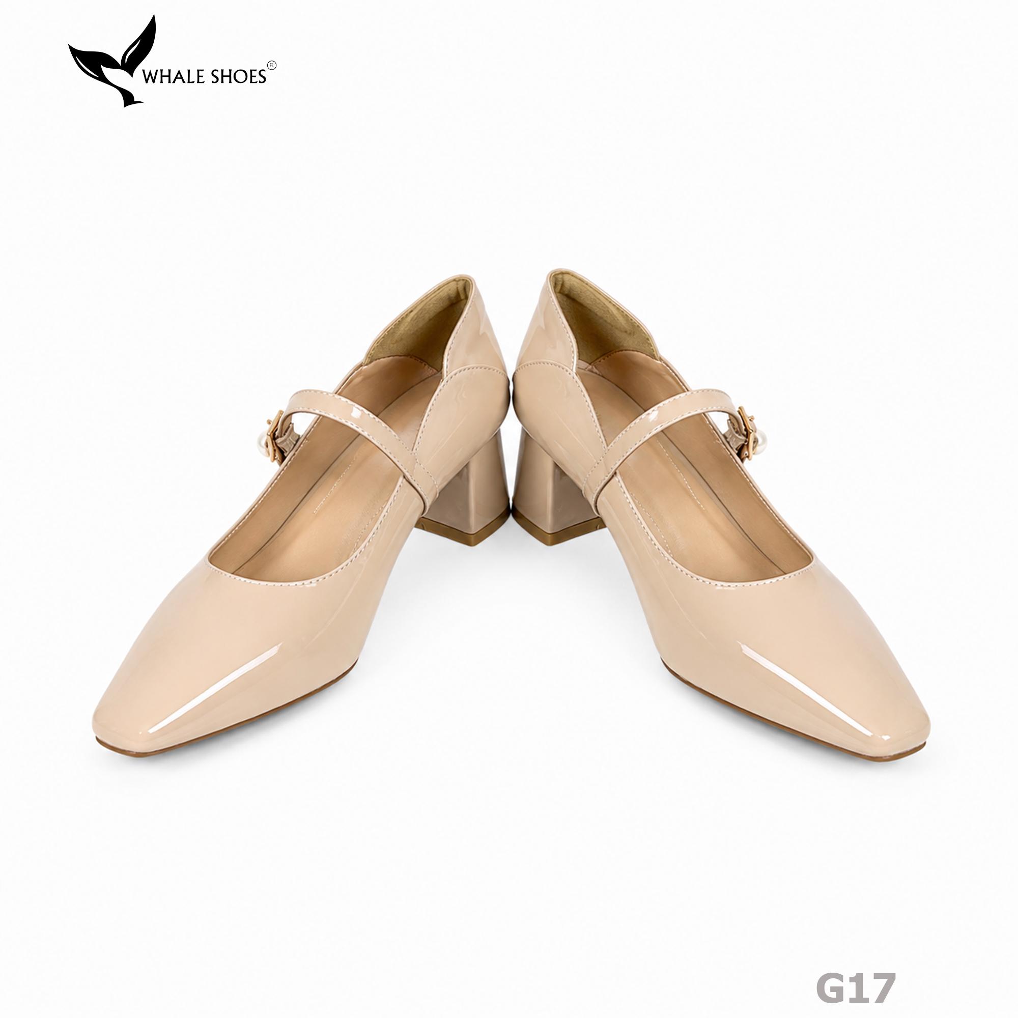 Giày Cao Gót Bít Mũi Whale Shoes 5cm Da Bóng quai đính khóa ngọc trai, Lót Êm, Đế Chống Trượt-G17