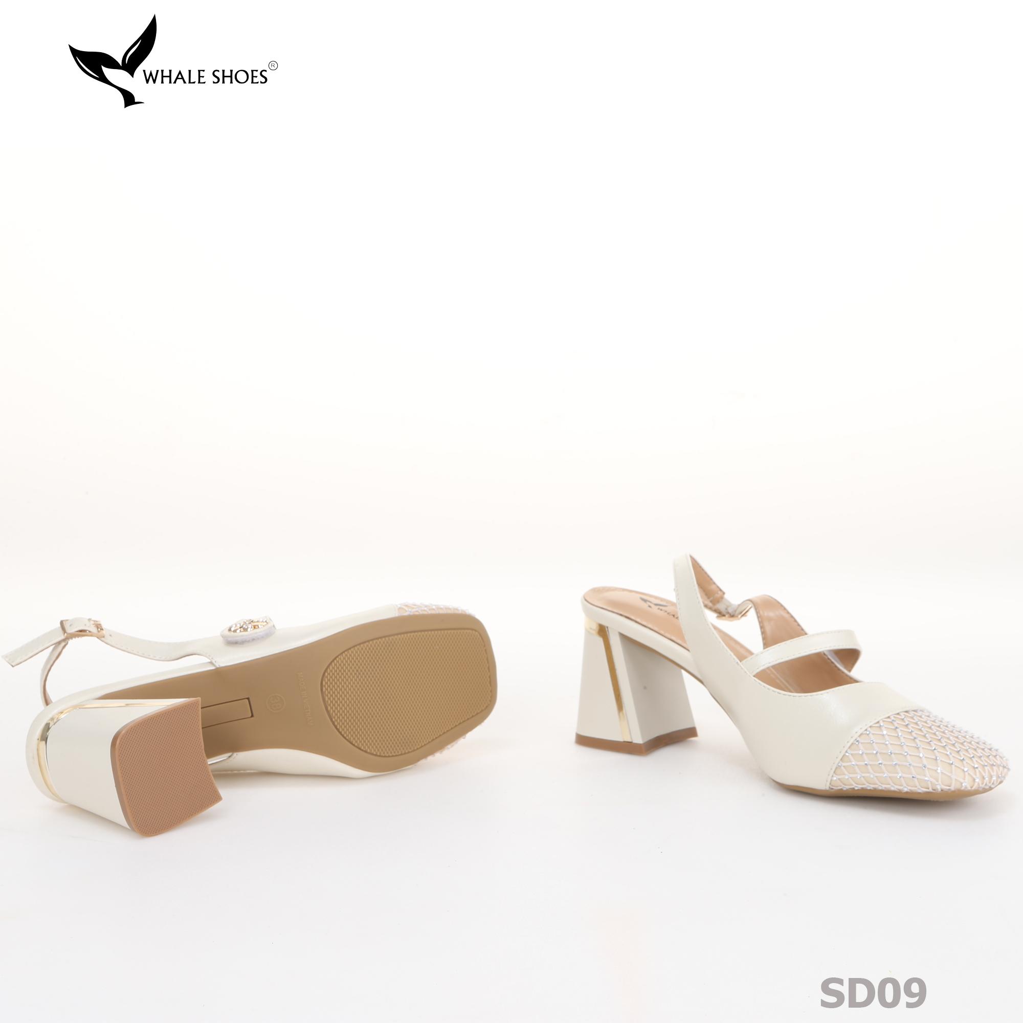 Giày cao gót nữ mũi vuông Whale Shoes 7cm, 6cm, phối lưới đính đá, gót vuông mạ vàng, đế chống trượt-SD09