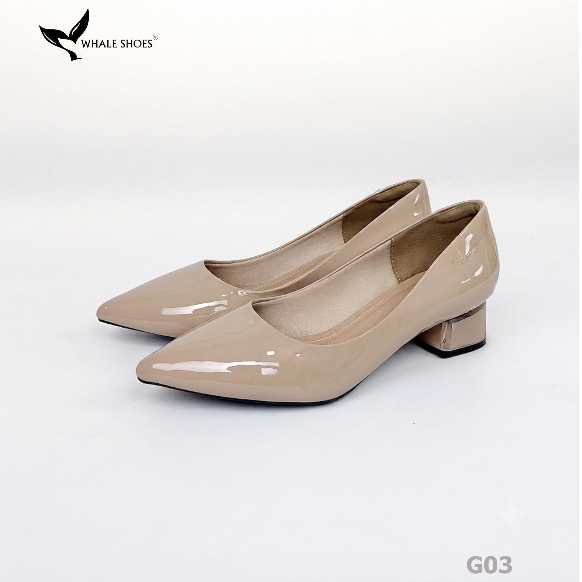 Giày cao gót nữ Whale Shoes 4cm da bóng, gót vuông mica viền vàng mũi nhọn-G03