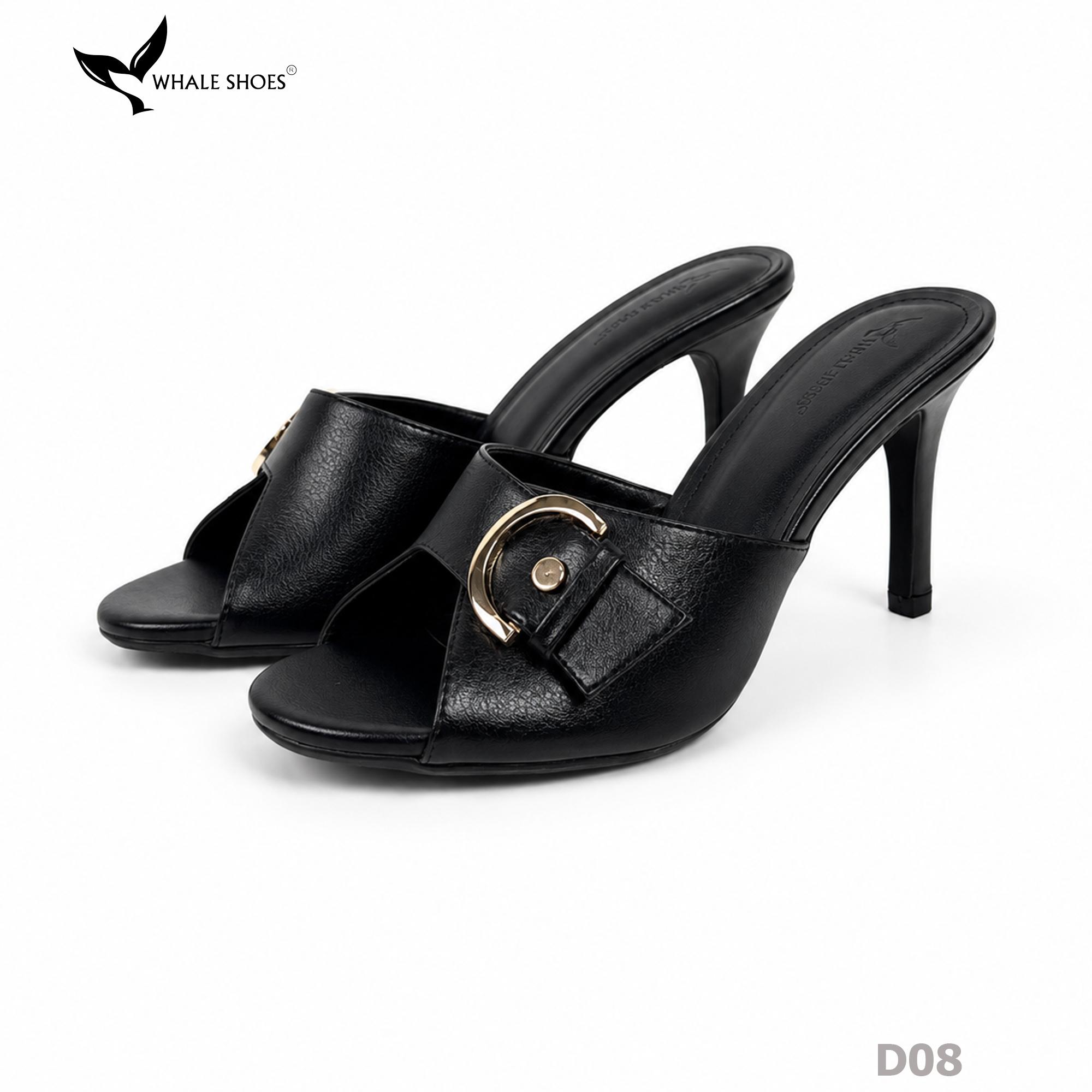 (Tăng size) Dép cao gót Whale Shoes 8,5cm mũi tròn, đính khóa thanh lịch, đế chống trượt-D08