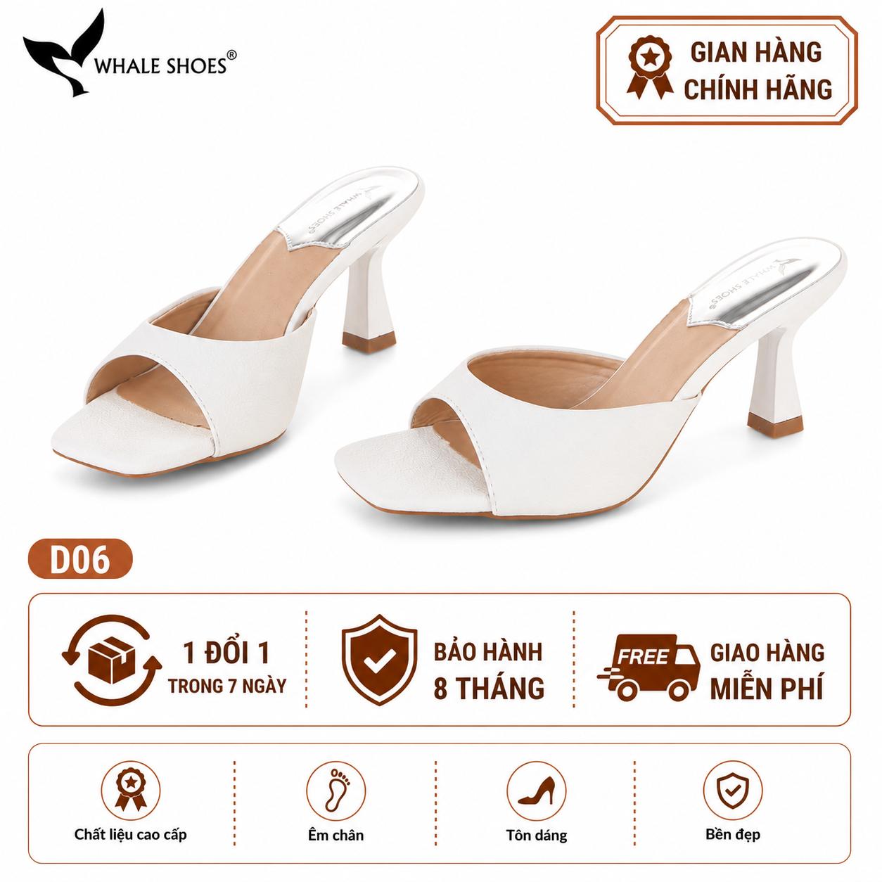 Dép (guốc) nữ Whale Shoes 6cm (tăng size) mũi vuông, vân da dưa lưới, gót trụ, đế chống trượt-D06