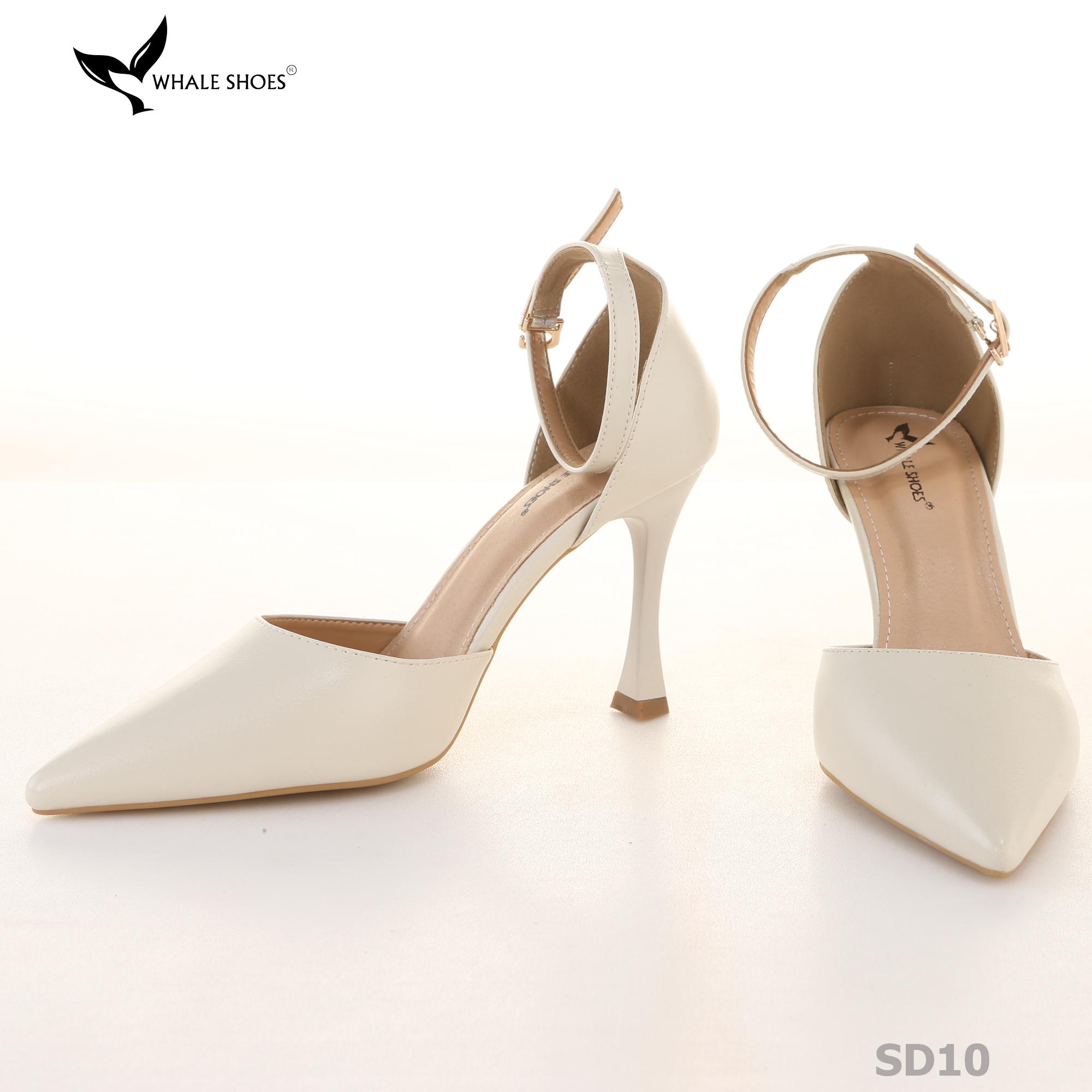 Giày cao gót nữ Whale Shoes mũi nhọn 9cm có dây quai hậu, da mềm êm chân, đế chống trơn trượt-SD10