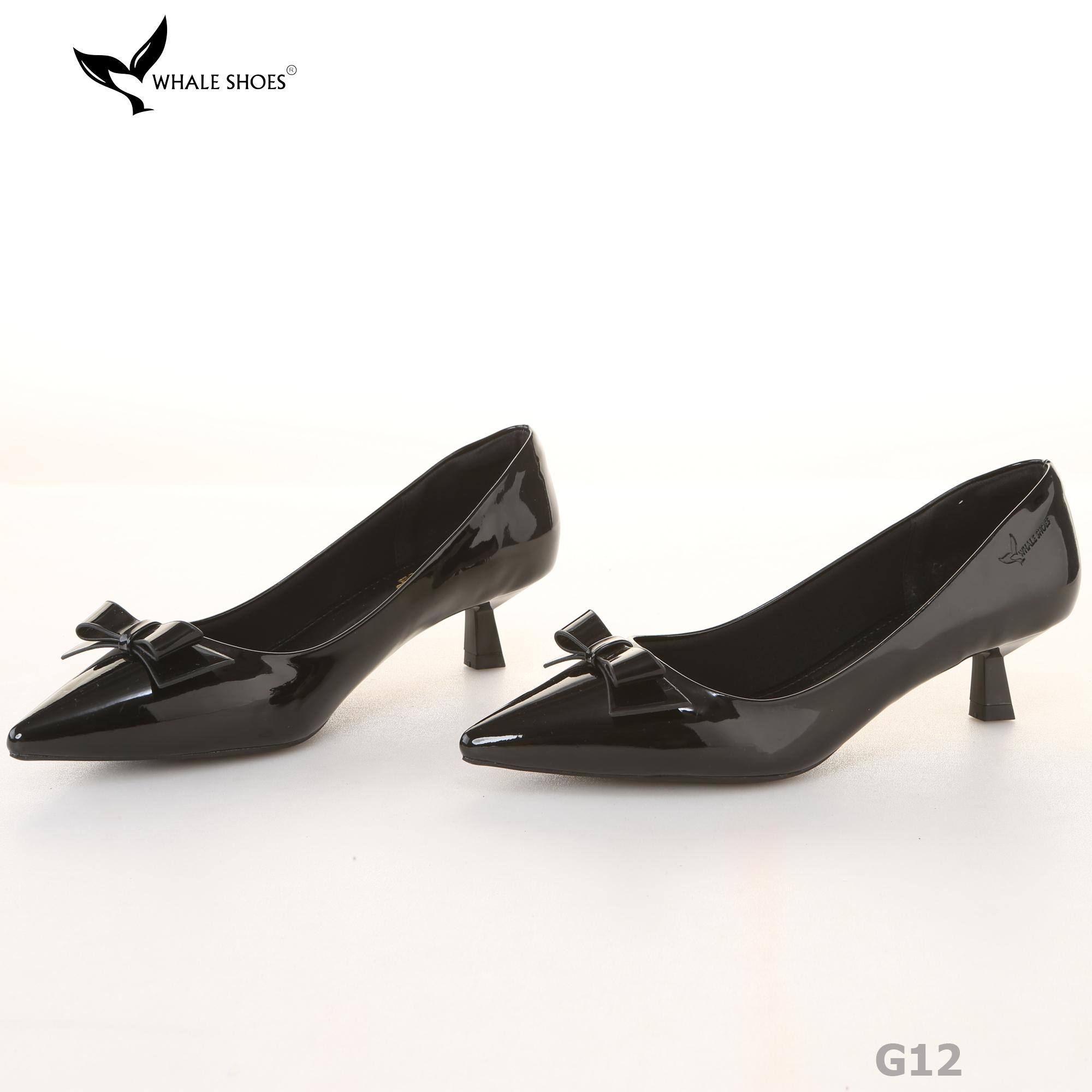Giày Cao Gót Whale Shoes 4cm, da bóng và da mờ, mũi nhọn đính nơ, lót êm, đế chống trượt-G12