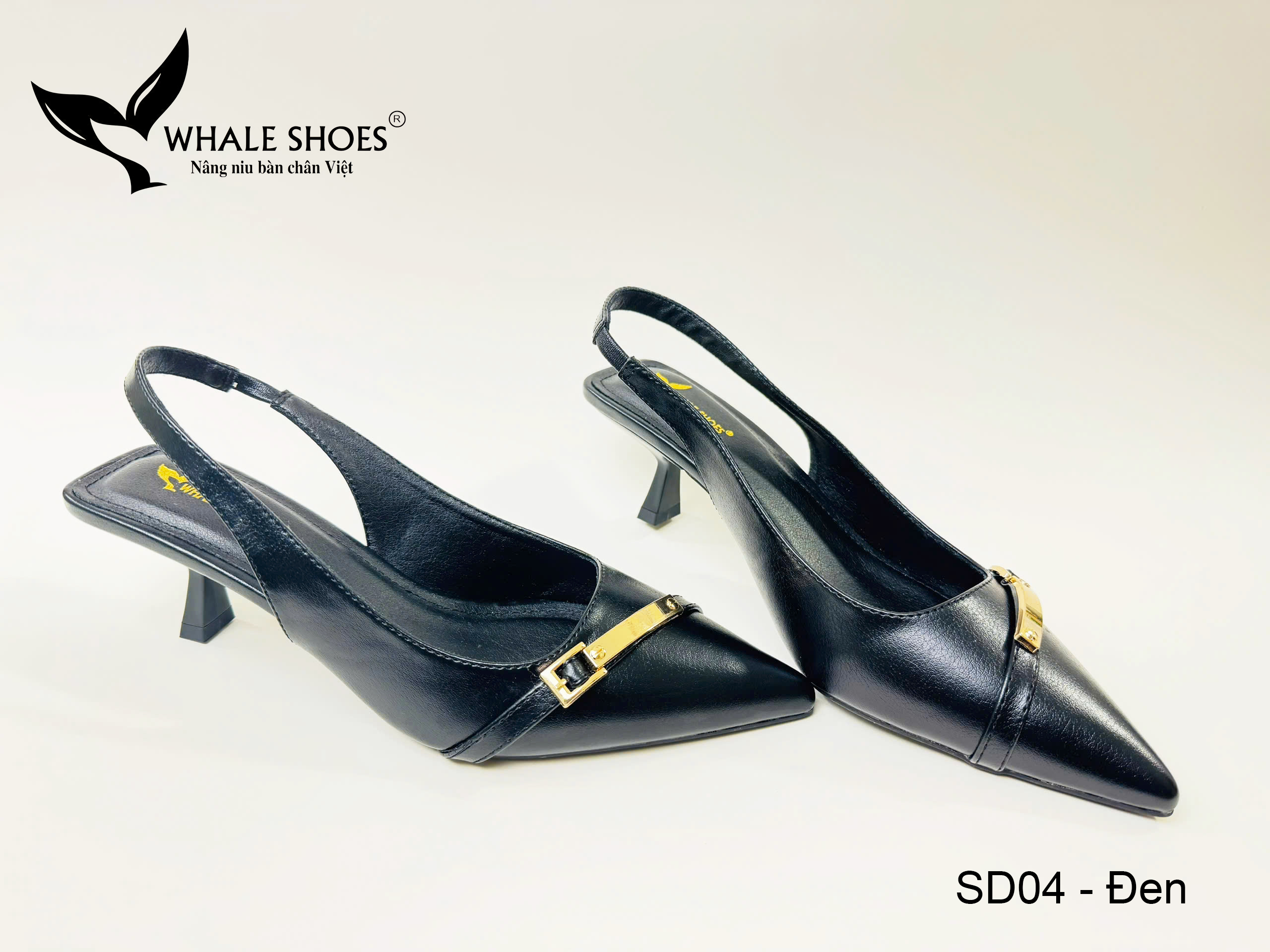 Whale Shoes SD04 – Giày Slingback 5cm mũi nhọn, hậu vuông da mờ, đính khoá mạ vàng sang trọng