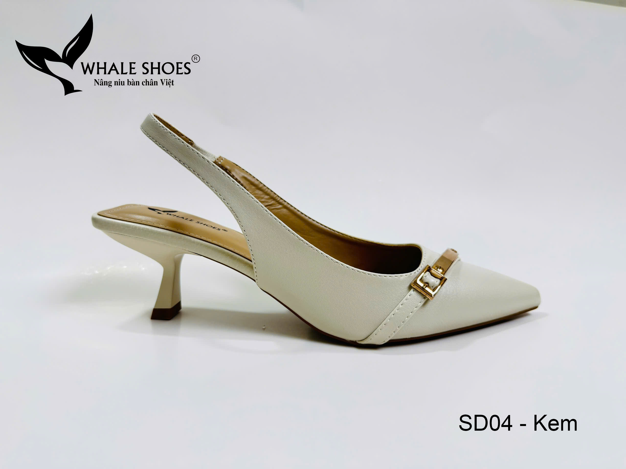 Whale Shoes SD04 – Giày Slingback 5cm mũi nhọn, hậu vuông da mờ, đính khoá mạ vàng sang trọng