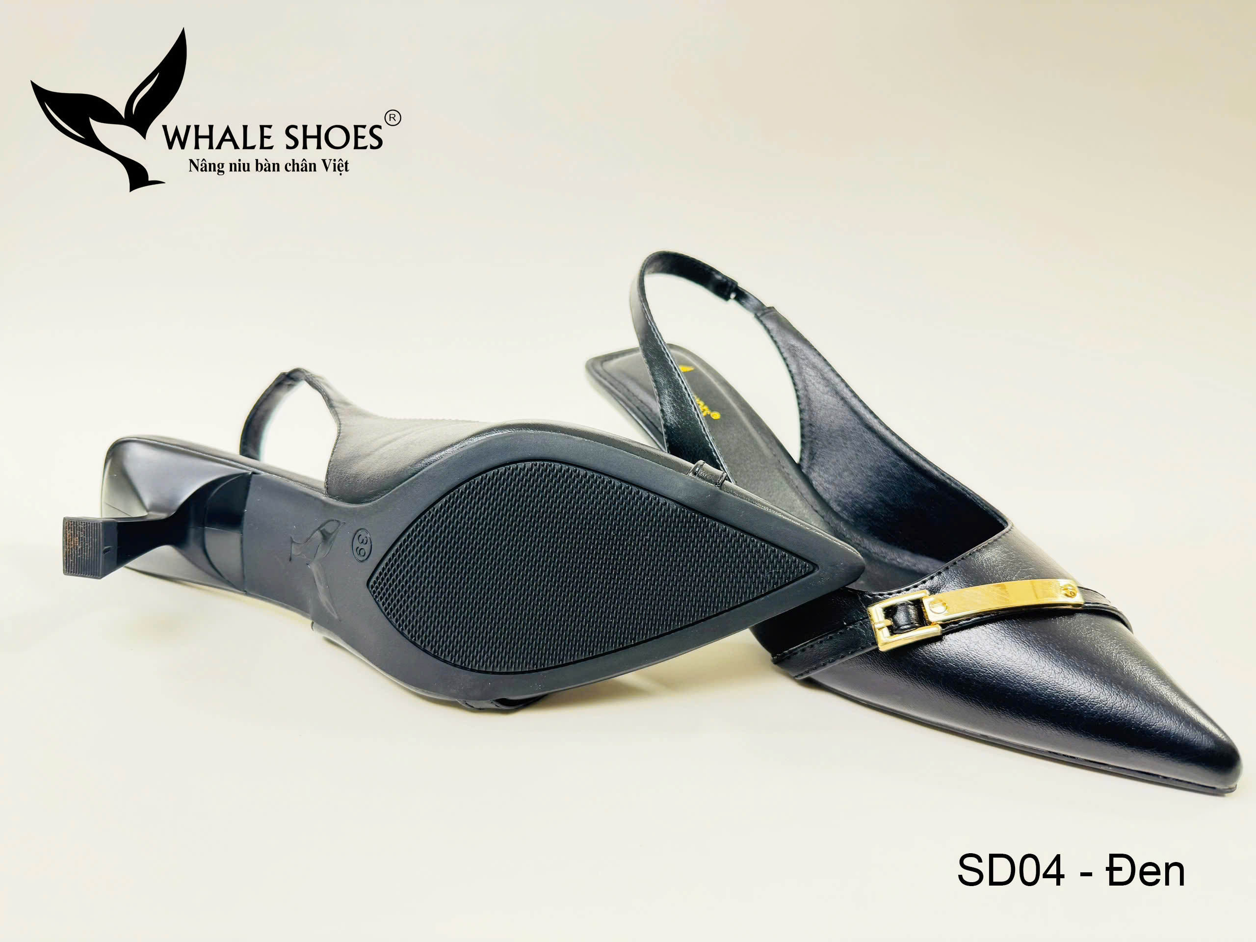 Whale Shoes SD04 – Giày Slingback 5cm mũi nhọn, hậu vuông da mờ, đính khoá mạ vàng sang trọng
