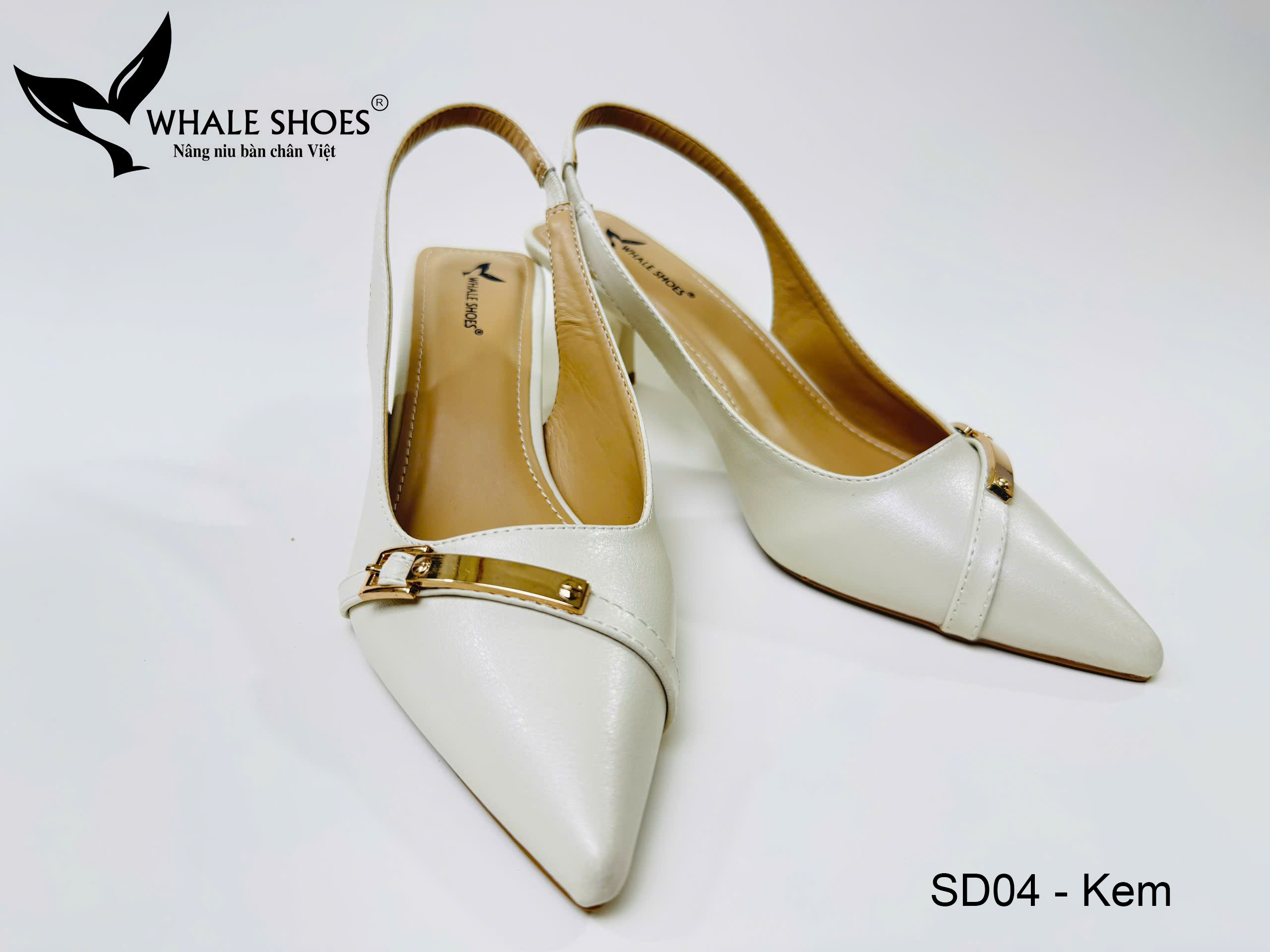 Whale Shoes SD04 – Giày Slingback 5cm mũi nhọn, hậu vuông da mờ, đính khoá mạ vàng sang trọng