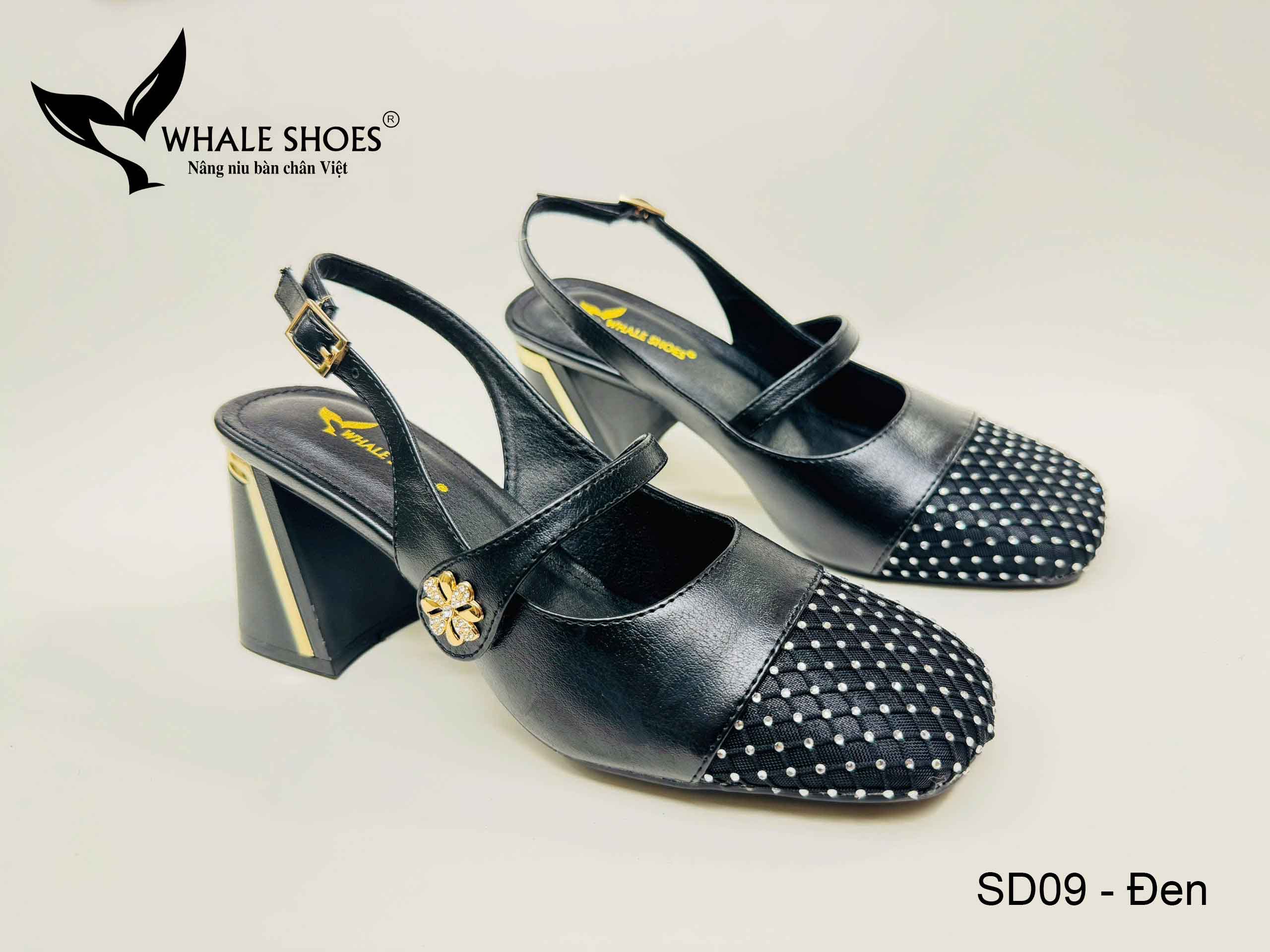 Whale Shoes SD09 – Giày cao gót nữ mũi vuông 7cm và 5.5cm da mờ, phối lưới đính đá, gót vuông mạ vàng, đế chống trơn trượt