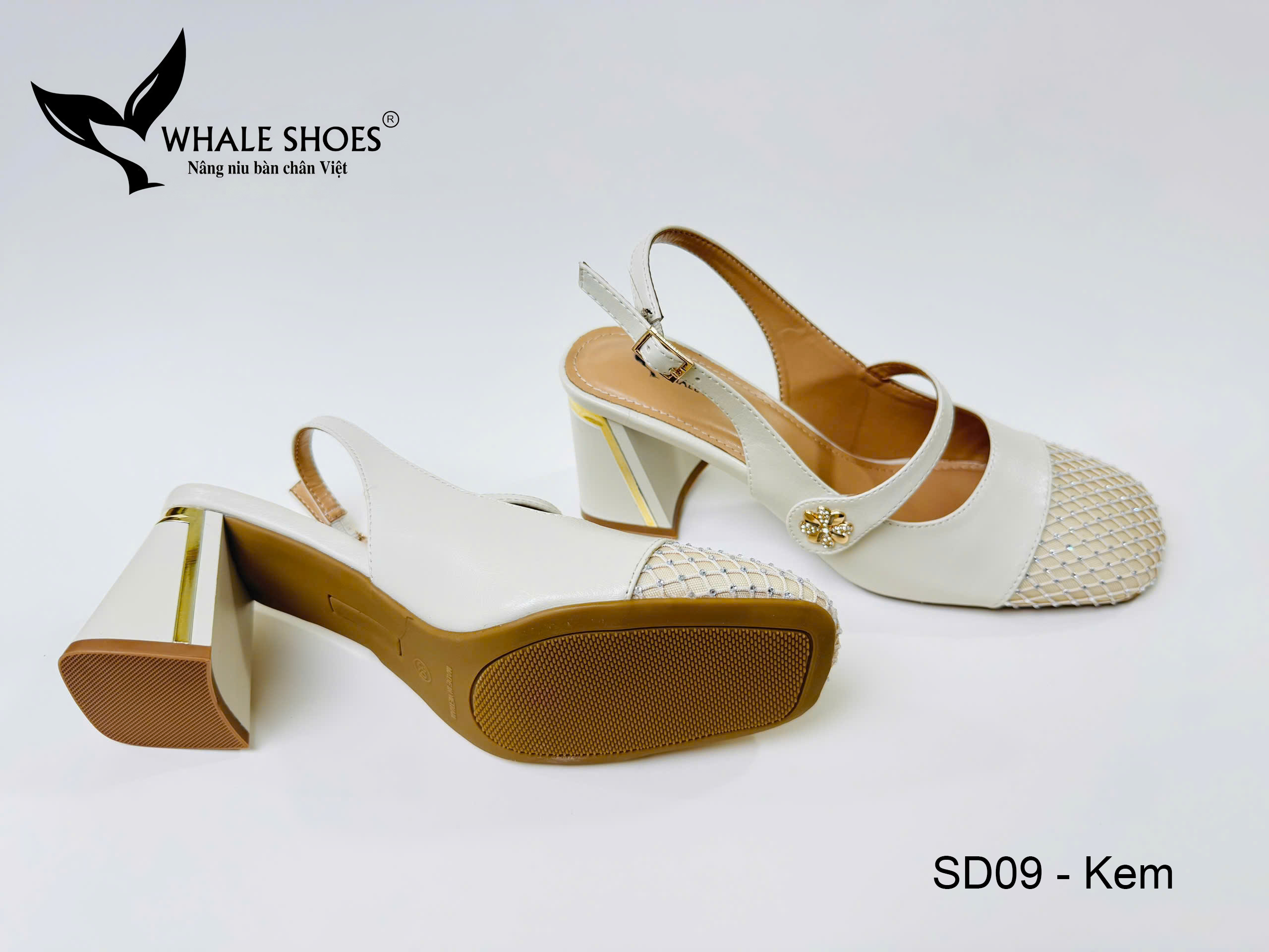 Whale Shoes SD09 – Giày cao gót nữ mũi vuông 7cm và 5.5cm da mờ, phối lưới đính đá, gót vuông mạ vàng, đế chống trơn trượt