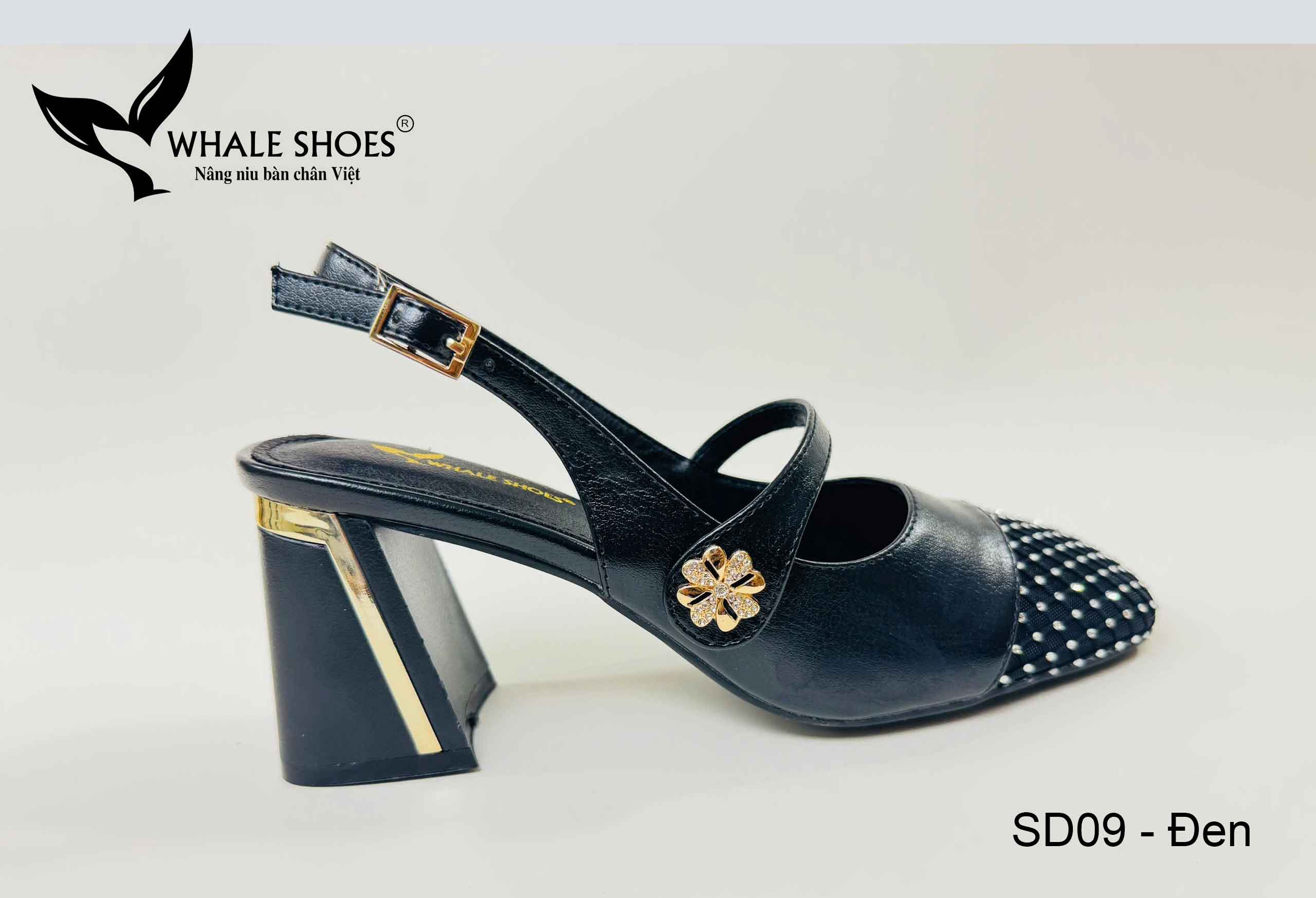 Whale Shoes SD09 – Giày cao gót nữ mũi vuông 7cm và 5.5cm da mờ, phối lưới đính đá, gót vuông mạ vàng, đế chống trơn trượt