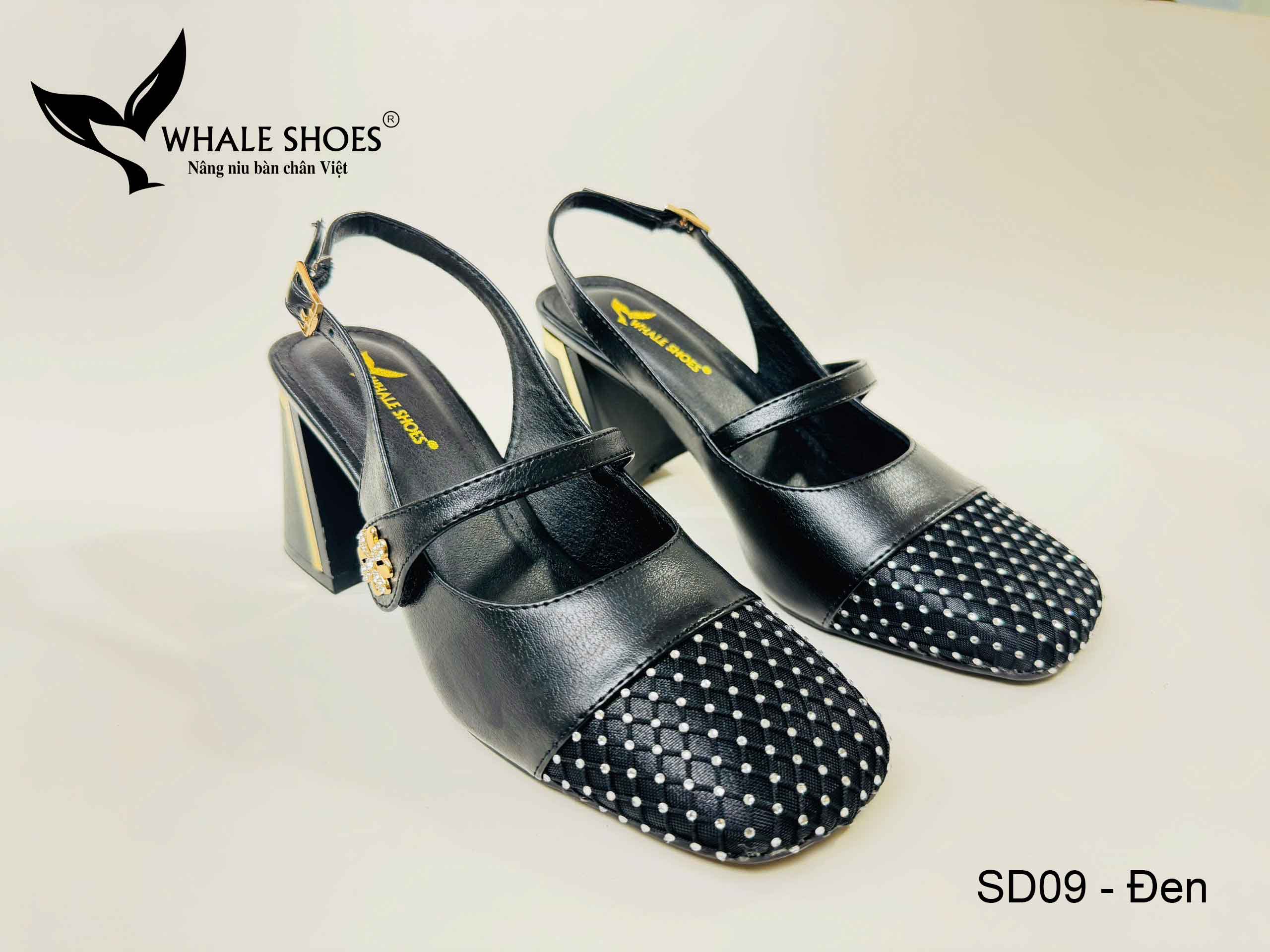 Whale Shoes SD09 – Giày cao gót nữ mũi vuông 7cm và 5.5cm da mờ, phối lưới đính đá, gót vuông mạ vàng, đế chống trơn trượt