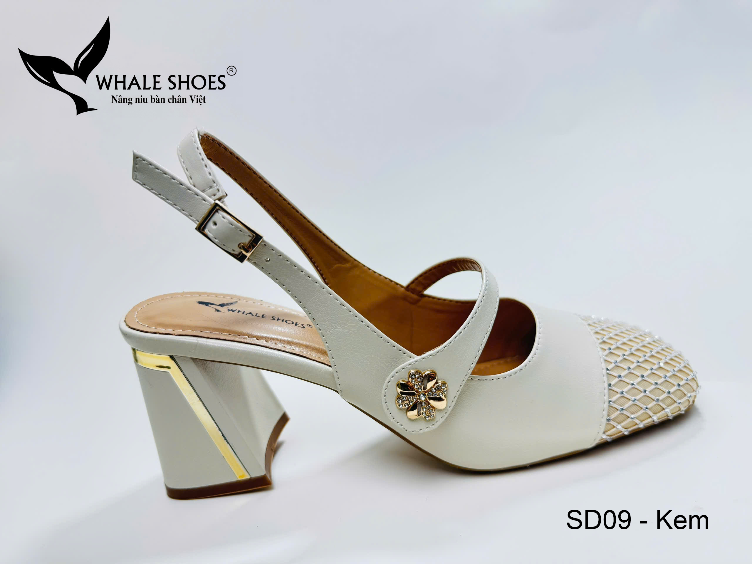 Whale Shoes SD09 – Giày cao gót nữ mũi vuông 7cm và 5.5cm da mờ, phối lưới đính đá, gót vuông mạ vàng, đế chống trơn trượt