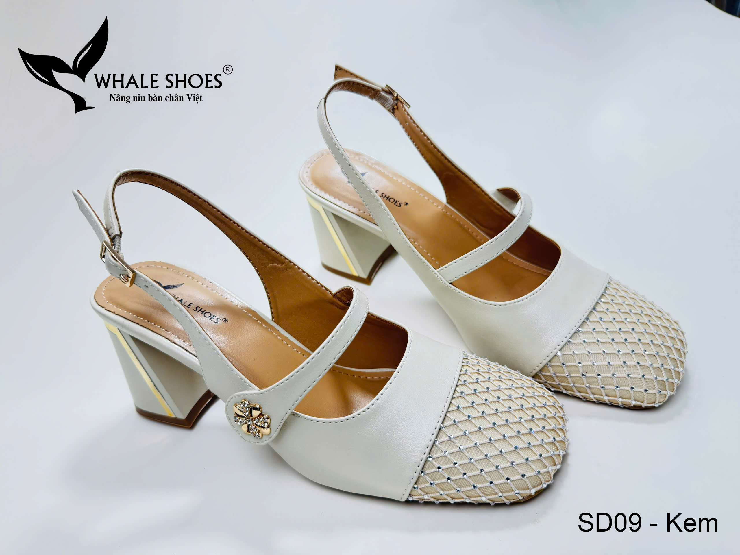 Whale Shoes SD09 – Giày cao gót nữ mũi vuông 7cm và 5.5cm da mờ, phối lưới đính đá, gót vuông mạ vàng, đế chống trơn trượt