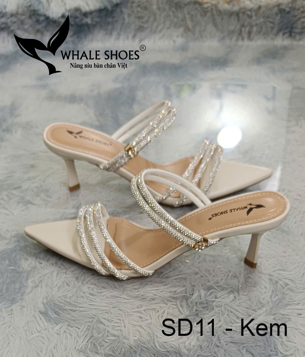 Whale Shoes SD11 – Guốc cao gót nữ 5cm mũi nhọn dây đá sáng, thiết kế 3 trong 1 hiện đại, đế chống trơn trượt