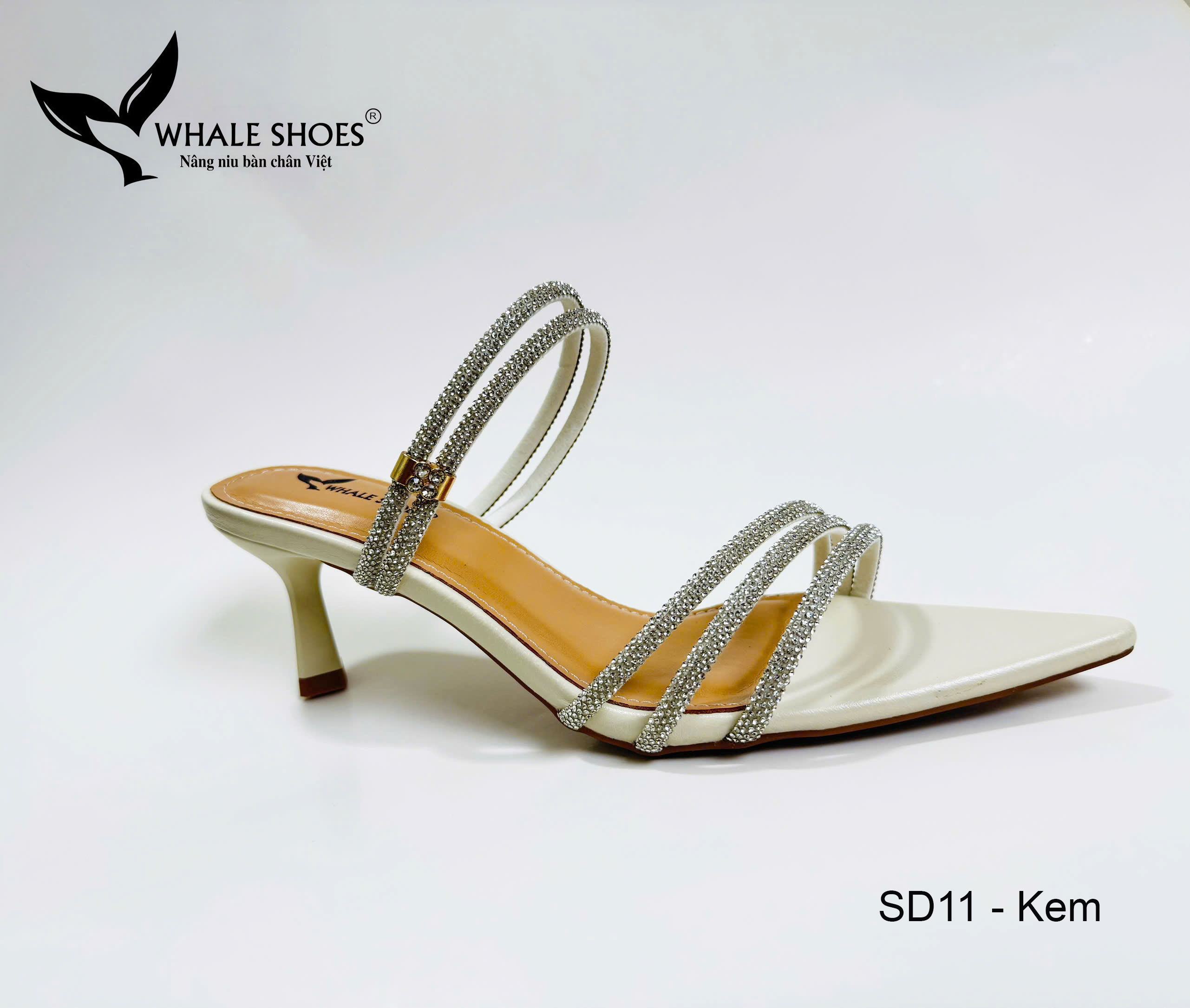 Whale Shoes SD11 – Guốc cao gót nữ 5cm mũi nhọn dây đá sáng, thiết kế 3 trong 1 hiện đại, đế chống trơn trượt