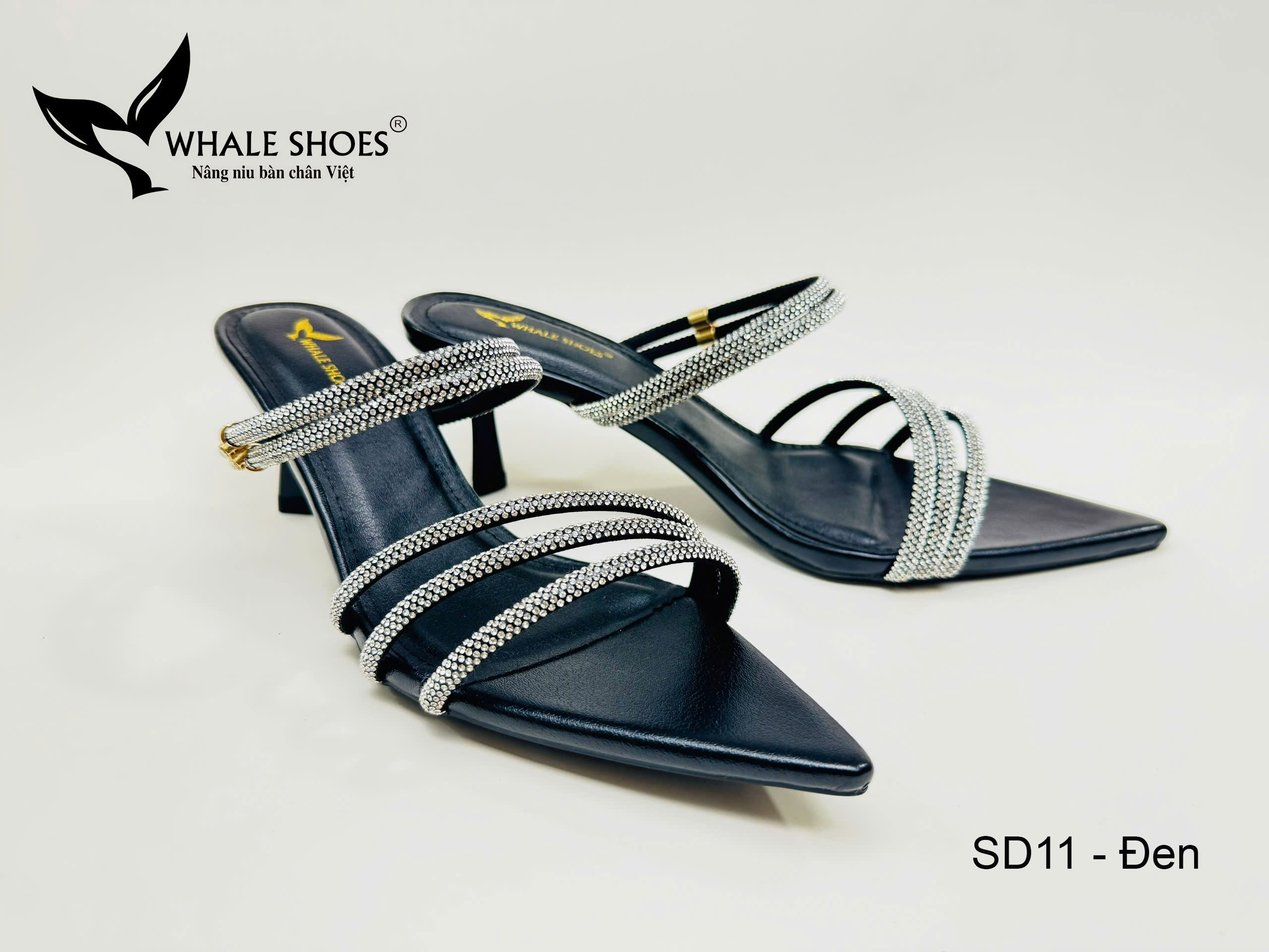 Whale Shoes SD11 – Guốc cao gót nữ 5cm mũi nhọn dây đá sáng, thiết kế 3 trong 1 hiện đại, đế chống trơn trượt