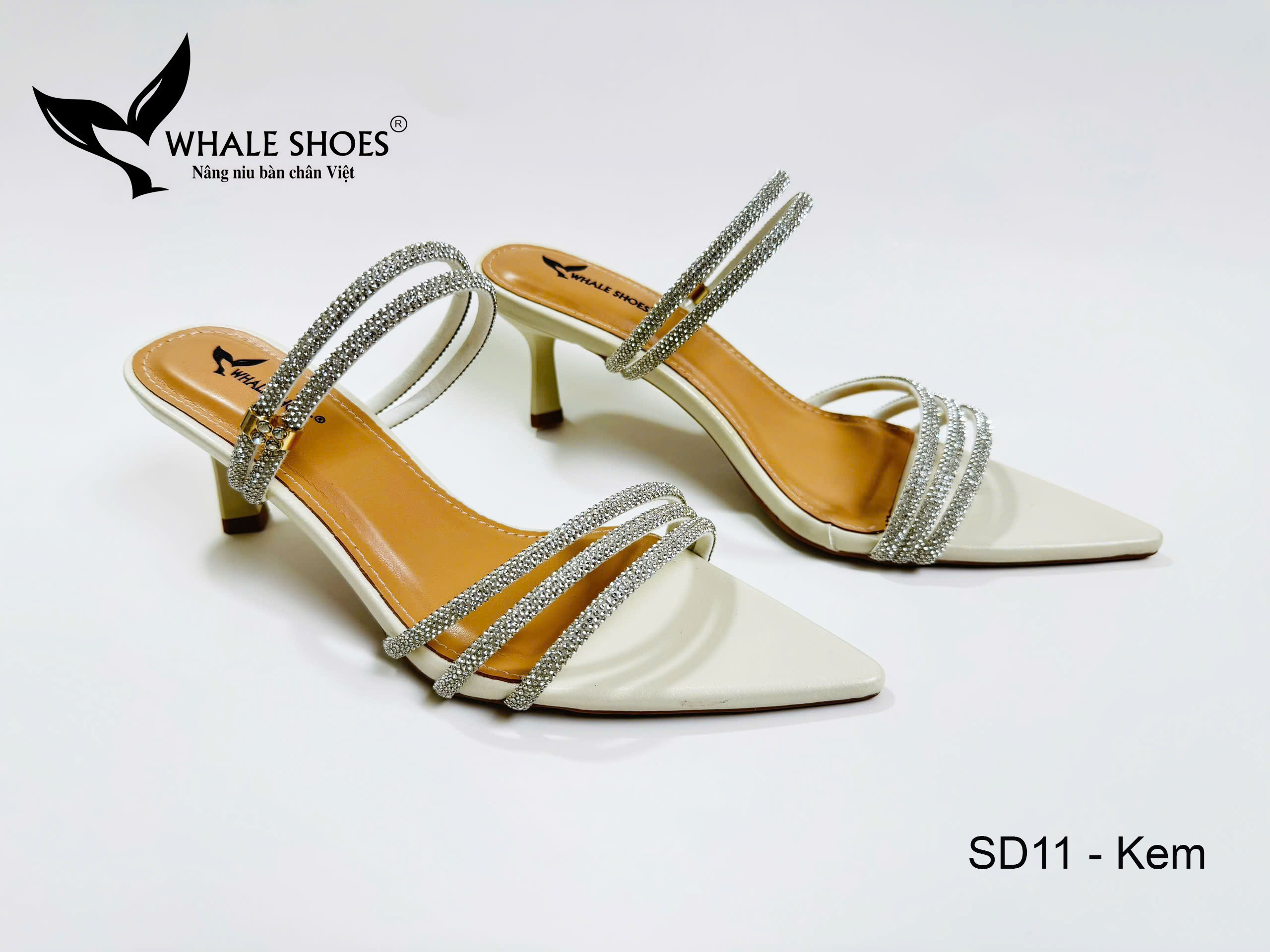 Whale Shoes SD11 – Guốc cao gót nữ 5cm mũi nhọn dây đá sáng, thiết kế 3 trong 1 hiện đại, đế chống trơn trượt