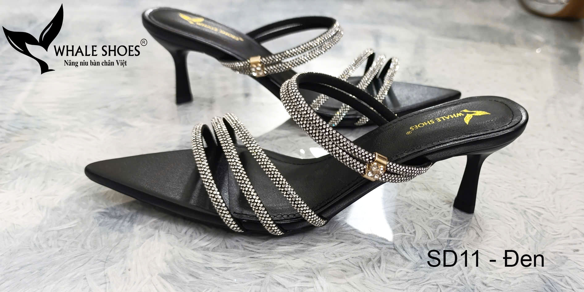 Whale Shoes SD11 – Guốc cao gót nữ 5cm mũi nhọn dây đá sáng, thiết kế 3 trong 1 hiện đại, đế chống trơn trượt