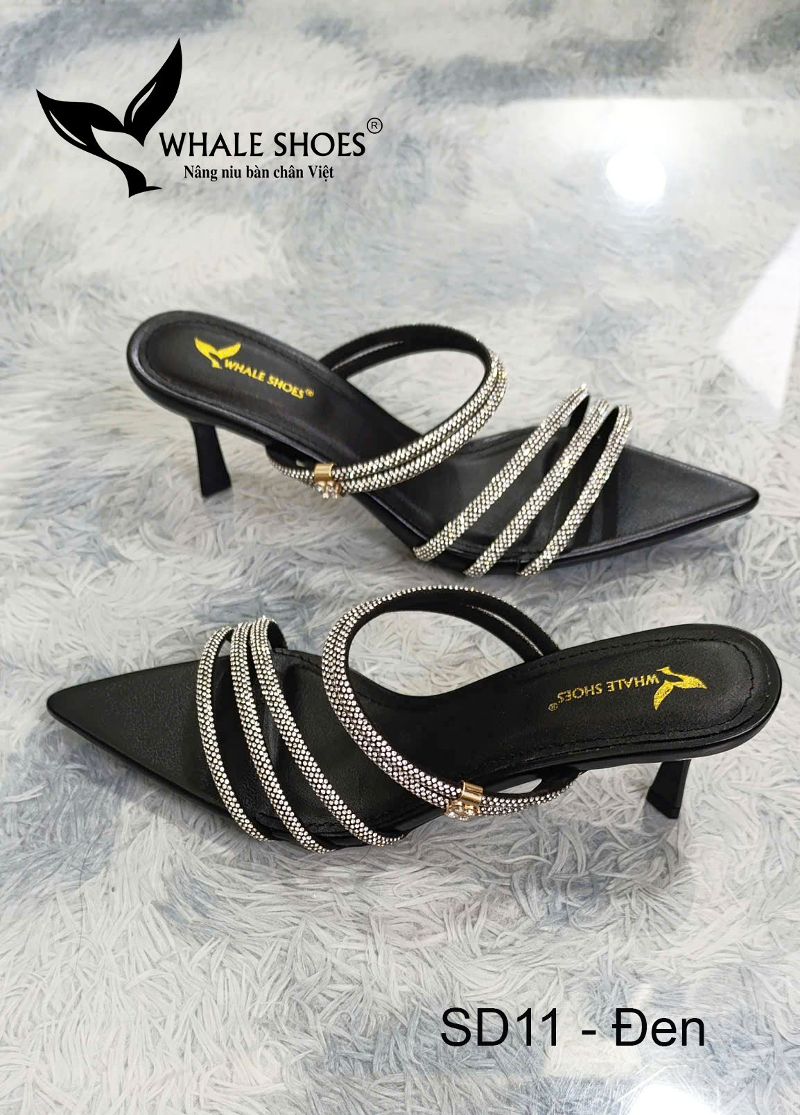 Whale Shoes SD11 – Guốc cao gót nữ 5cm mũi nhọn dây đá sáng, thiết kế 3 trong 1 hiện đại, đế chống trơn trượt