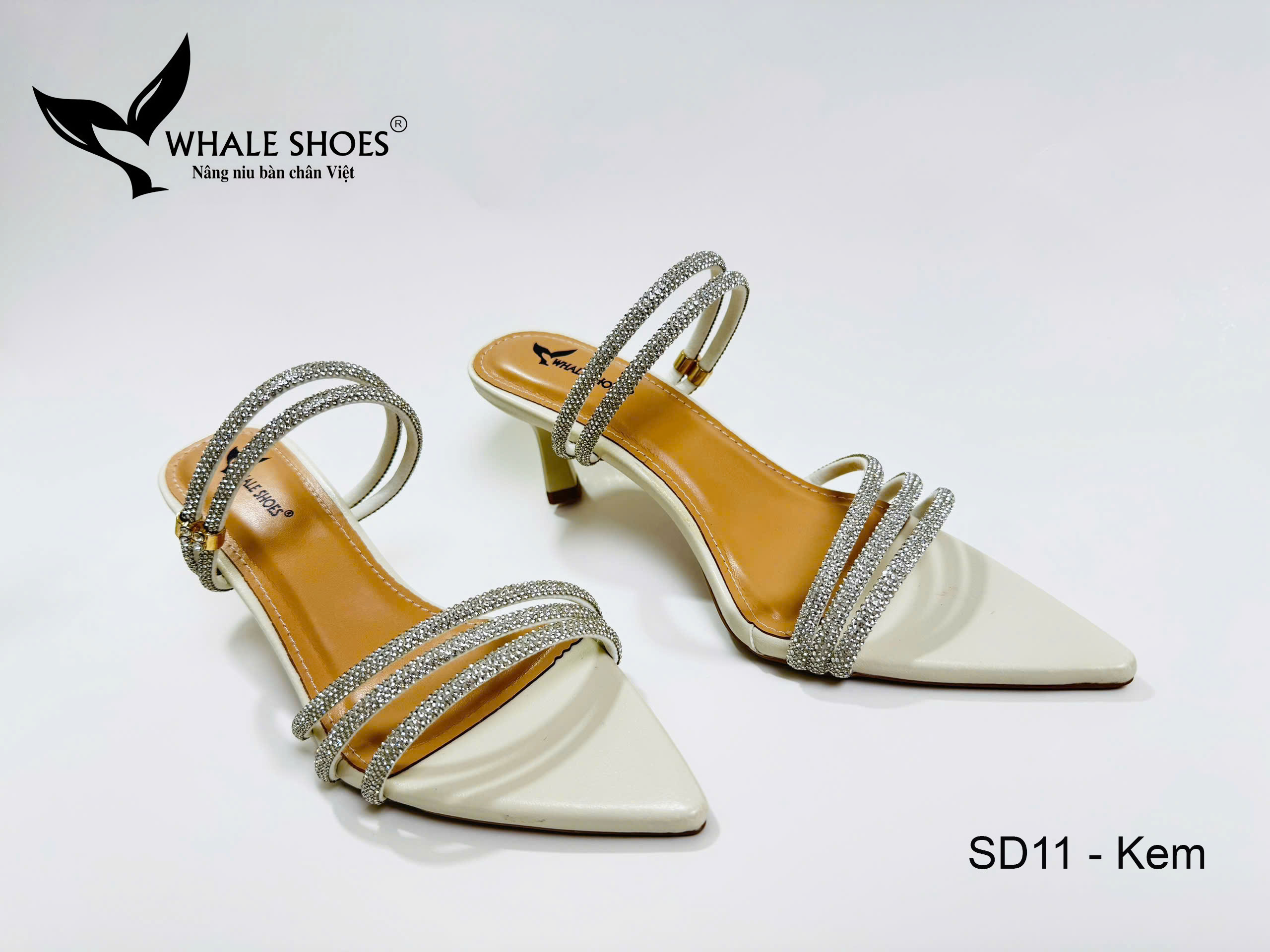 Whale Shoes SD11 – Guốc cao gót nữ 5cm mũi nhọn dây đá sáng, thiết kế 3 trong 1 hiện đại, đế chống trơn trượt
