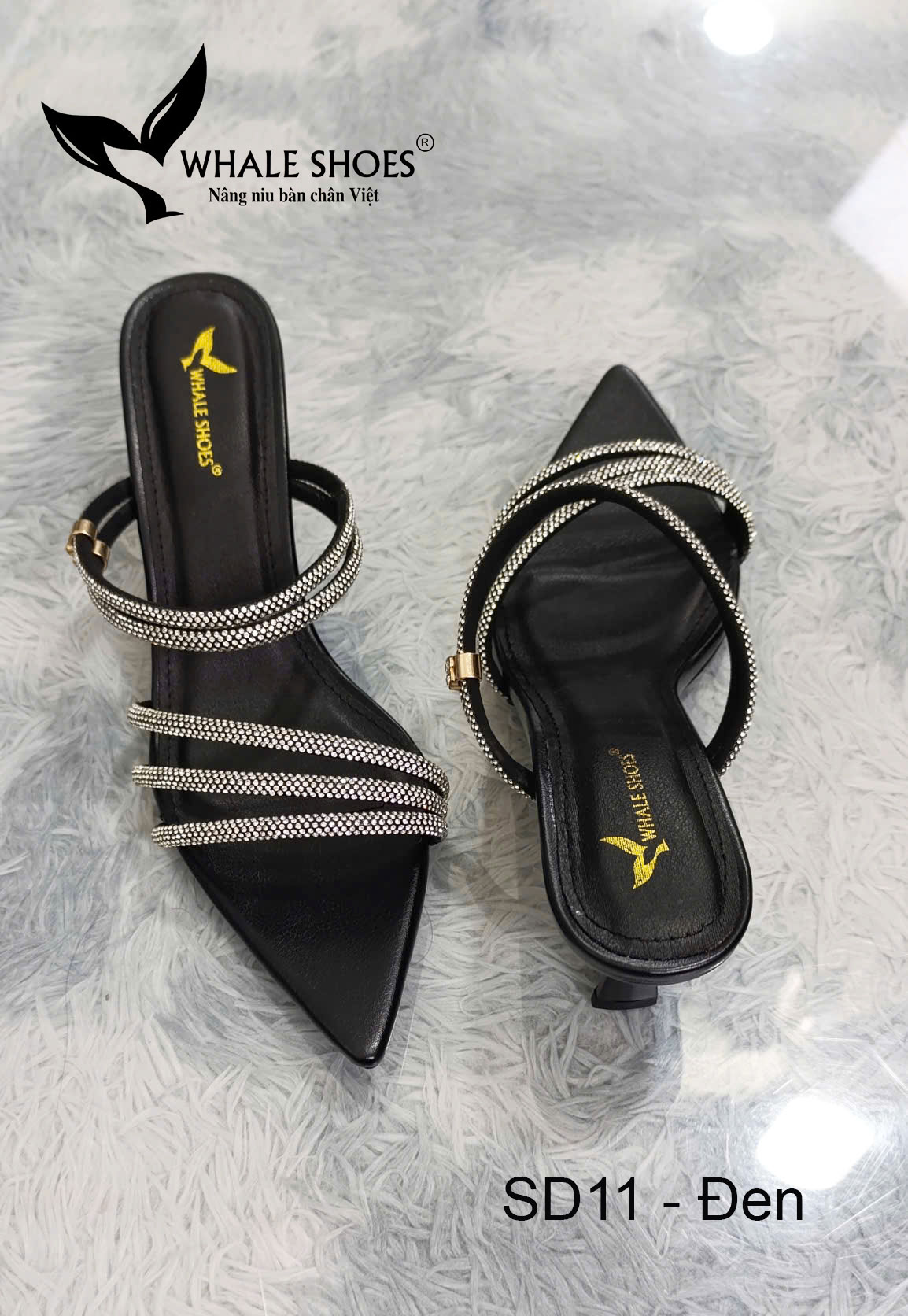 Whale Shoes SD11 – Guốc cao gót nữ 5cm mũi nhọn dây đá sáng, thiết kế 3 trong 1 hiện đại, đế chống trơn trượt