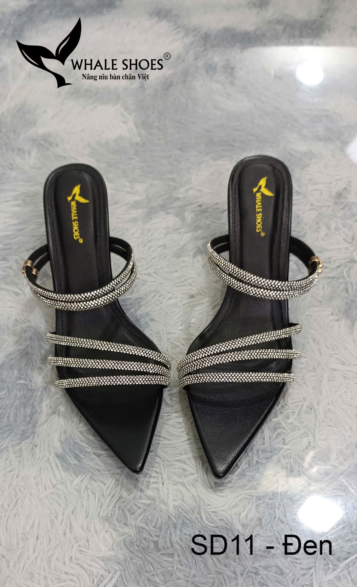 Whale Shoes SD11 – Guốc cao gót nữ 5cm mũi nhọn dây đá sáng, thiết kế 3 trong 1 hiện đại, đế chống trơn trượt