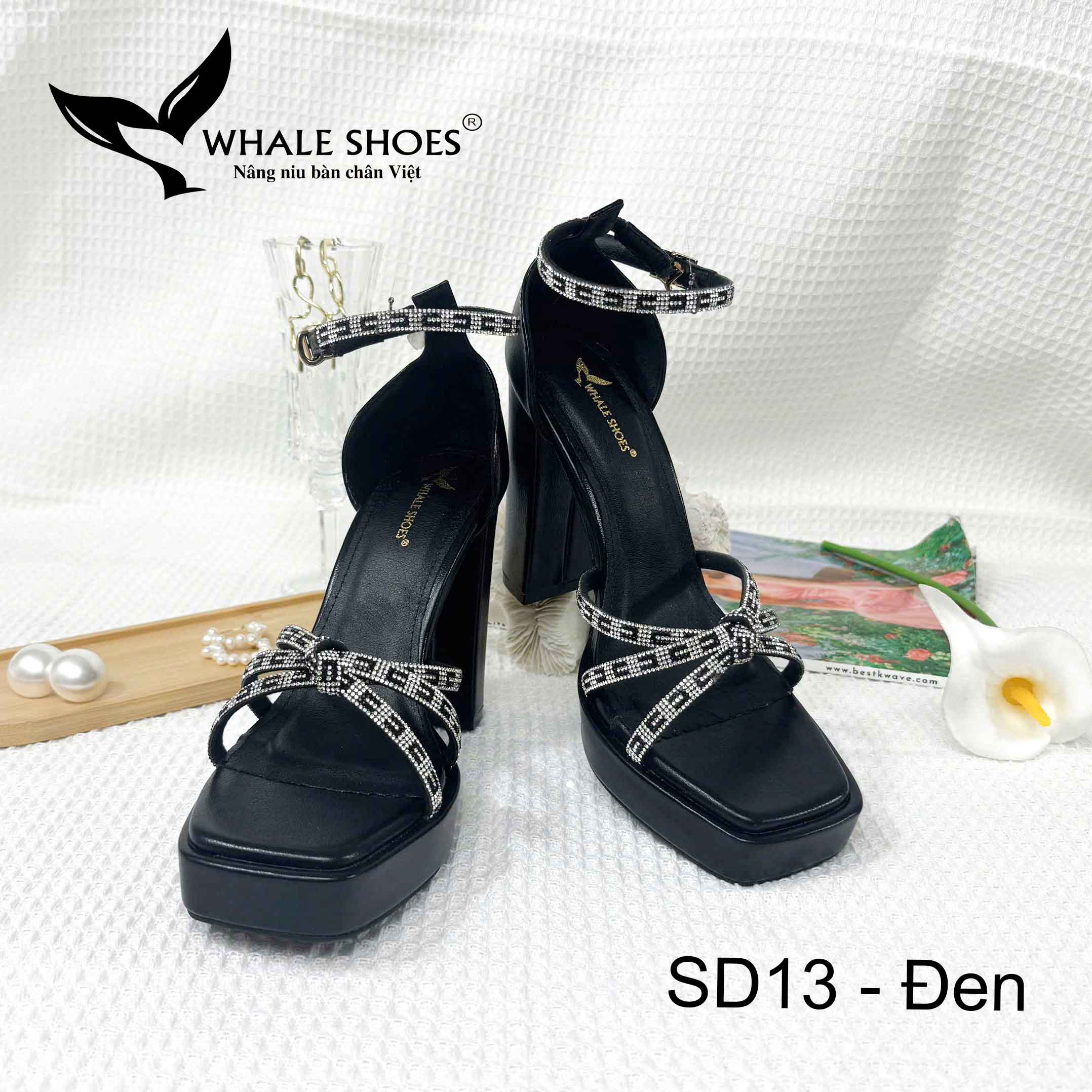 Whale Shoes SD13 – Sandal nữ 10cm mũi vuông da mờ đúp mũi 3cm, dây đá sáng, gót trụ vững, đế chống trơn trượt