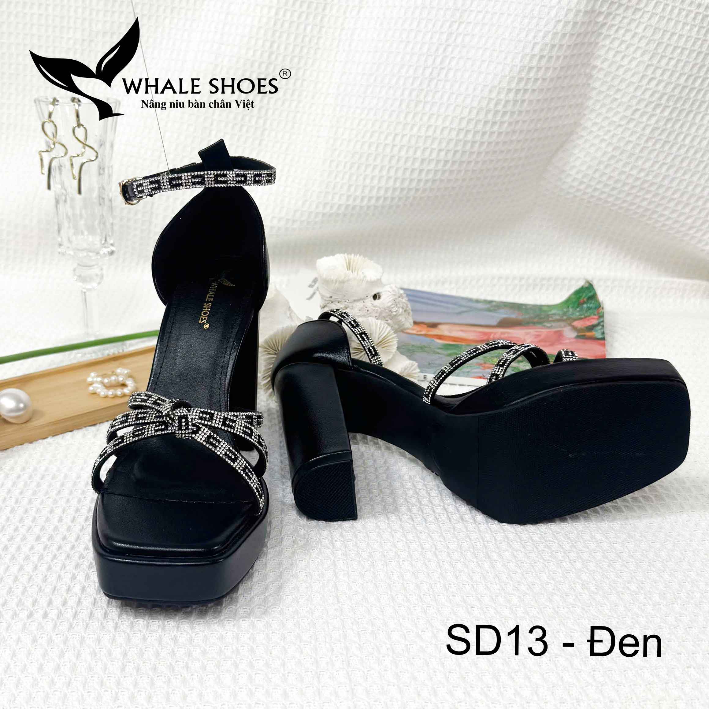 Whale Shoes SD13 – Sandal nữ 10cm mũi vuông da mờ đúp mũi 3cm, dây đá sáng, gót trụ vững, đế chống trơn trượt