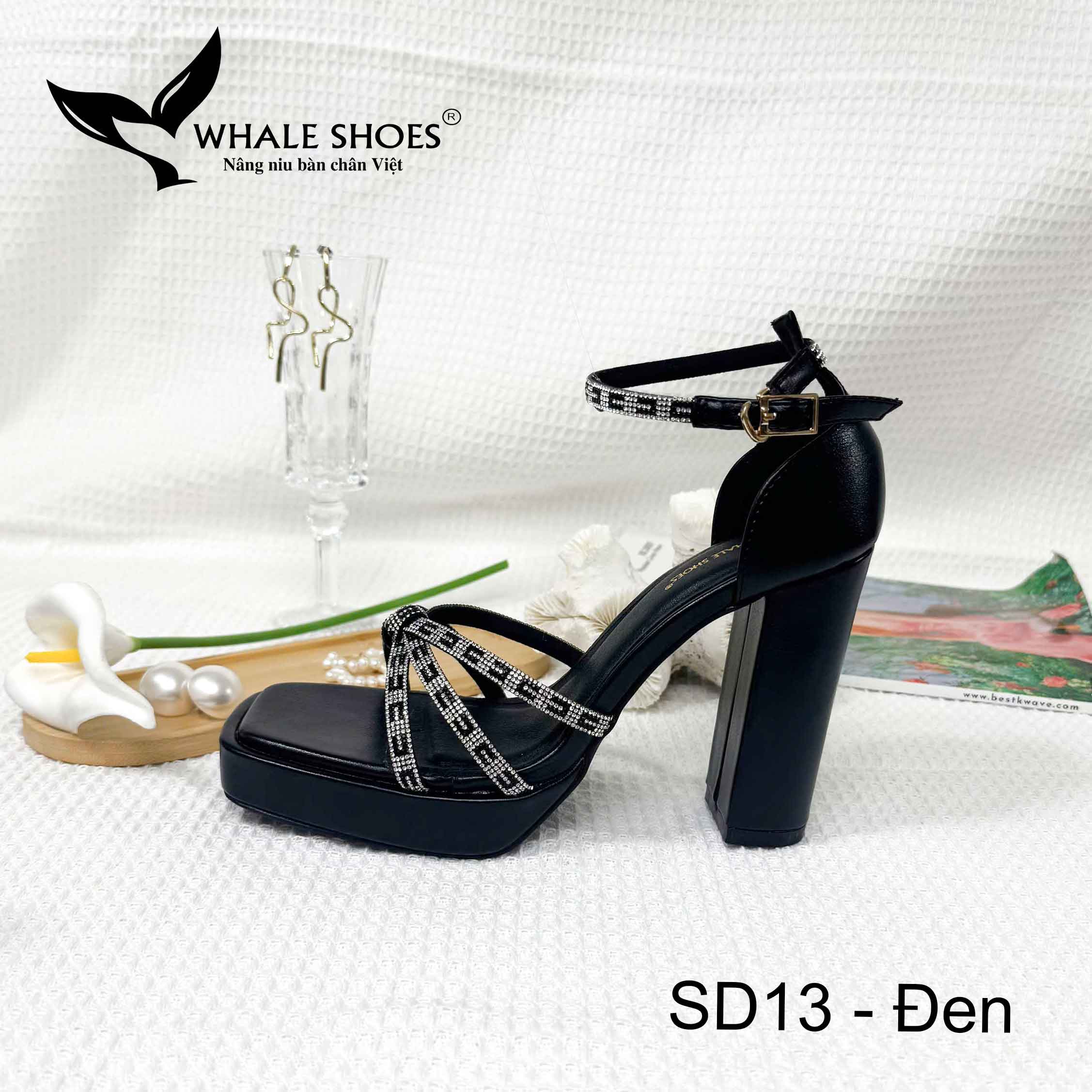 Whale Shoes SD13 – Sandal nữ 10cm mũi vuông da mờ đúp mũi 3cm, dây đá sáng, gót trụ vững, đế chống trơn trượt