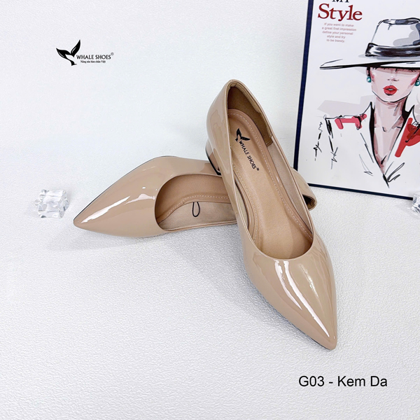 Whale Shoes G03 – Giày cao gót nữ 5cm da bóng, gót vuông mica viền vàng sang xịn, mũi nhọn hiện đại thanh lịch