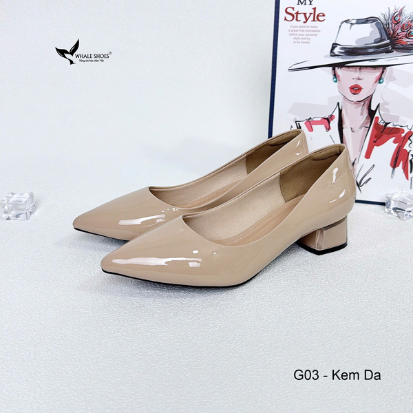 Whale Shoes G03 – Giày cao gót nữ 5cm da bóng, gót vuông mica viền vàng sang xịn, mũi nhọn hiện đại thanh lịch