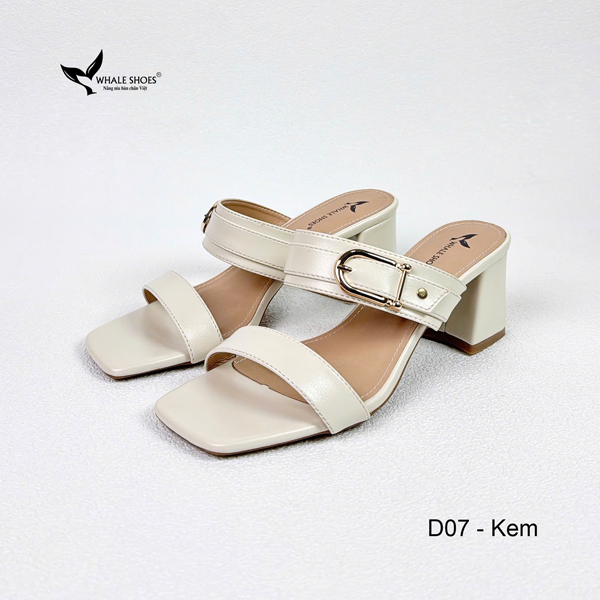 Dép cao gót 5cm mũi vuông, đính khóa trang trí thanh lịch, mang cực êm chân, đế chống trơn trượt- Whale Shoes D07