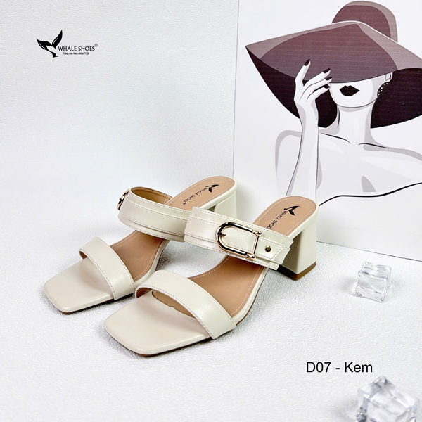Dép cao gót 5cm mũi vuông, đính khóa trang trí thanh lịch, mang cực êm chân, đế chống trơn trượt- Whale Shoes D07